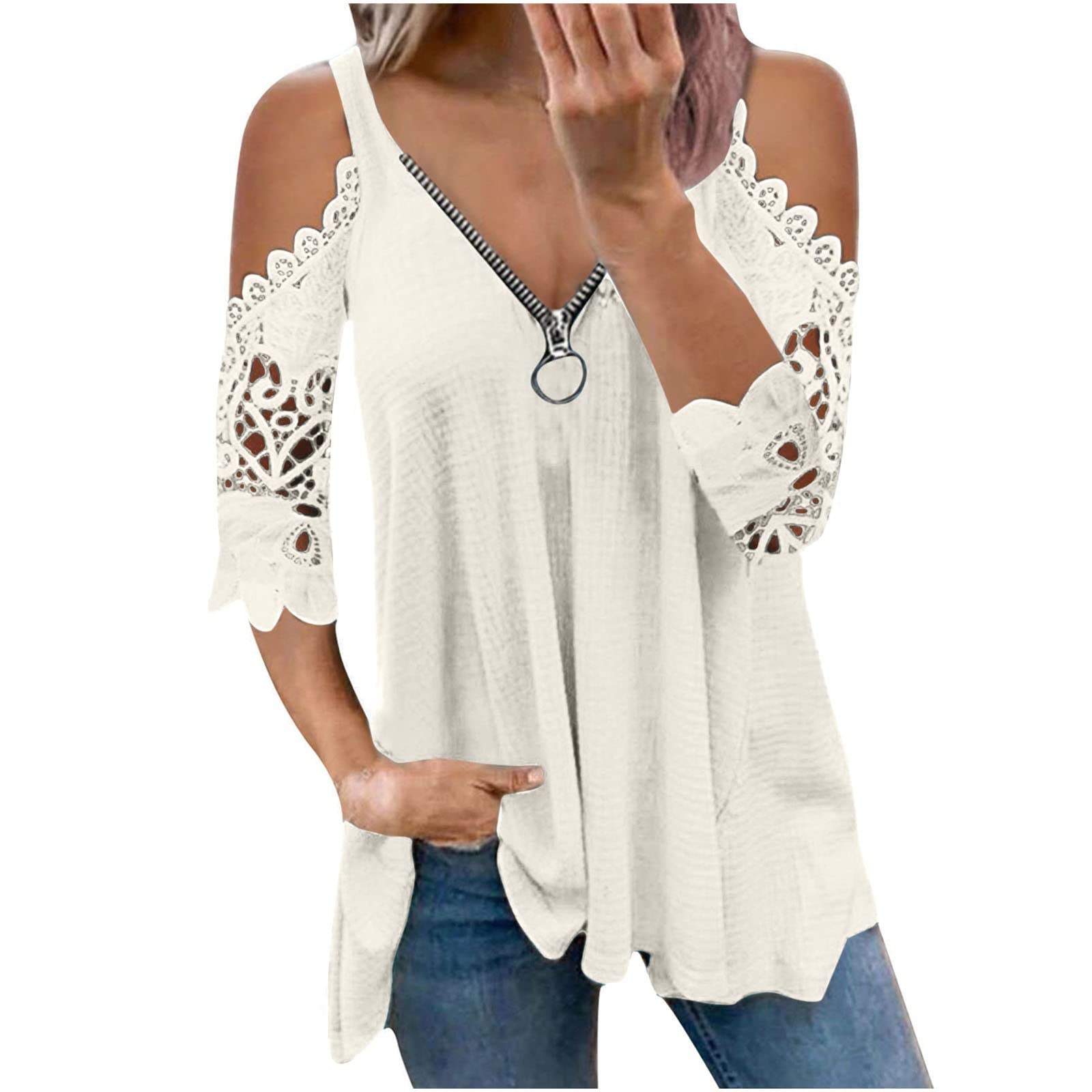 Sexy Lace Patchwork Short Sleeve Blouse for Women - Half Zip Up V-Neck Summer Top, Soft & Comfortable Tunic for Casual Outings, Date Nights & Beach Wear