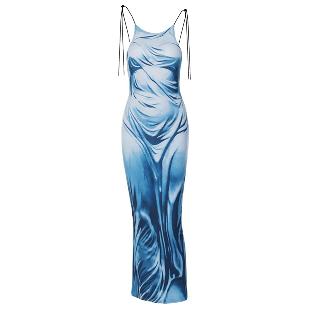 Sexy Women's 3D Print Bodycon Maxi Dress - Spaghetti Strap, Slim Fit & Backless Summer Long Dress for Beach, Party & Night Out