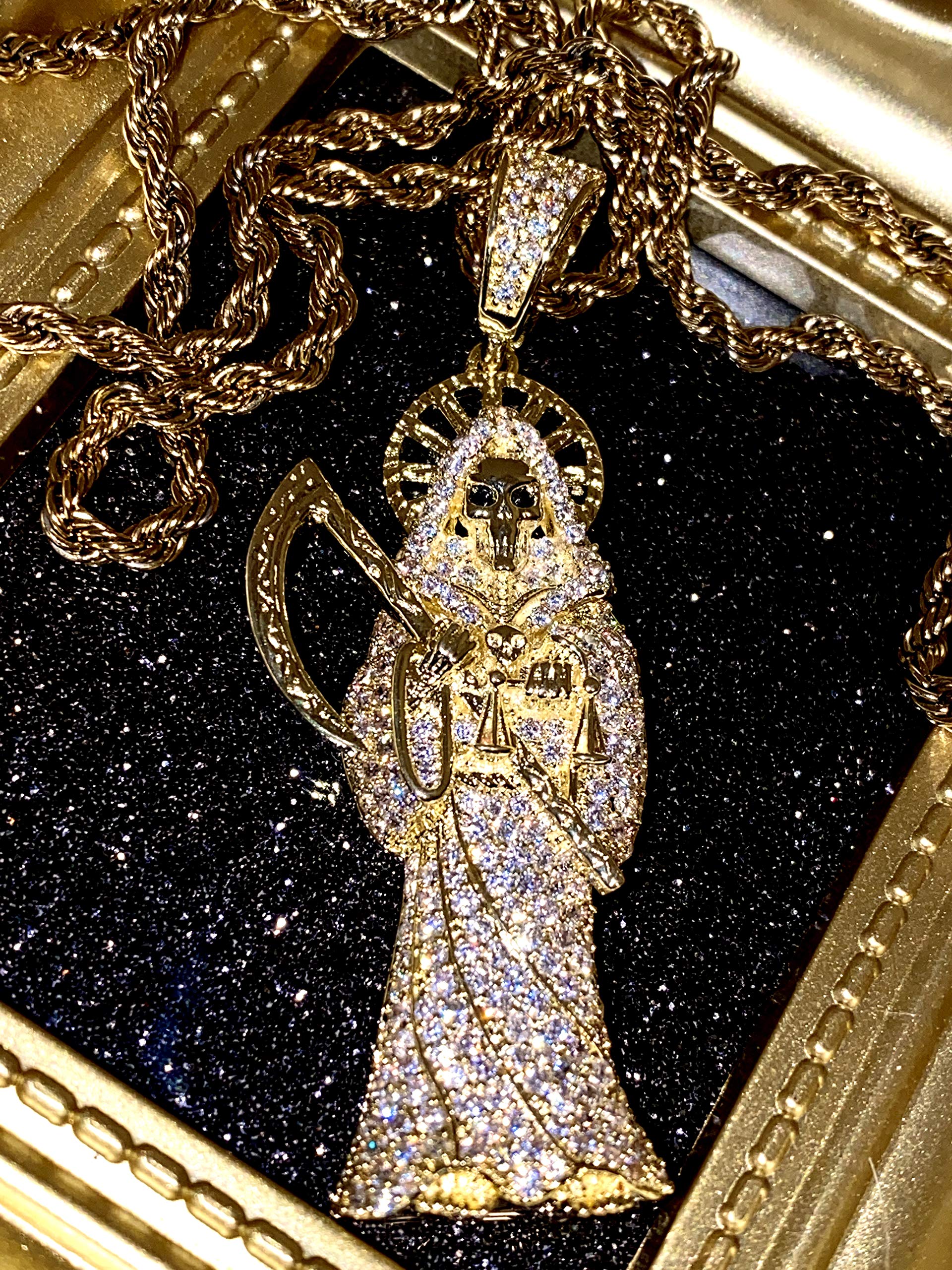925 Sterling Silver Santa Muerte Pendant with Gold Finish & Iced Out Design - 2mm Stainless Steel Rope Chain Necklace for Men & Women - Perfect for Gifts, Everyday Wear, and Spiritual Protection Jewelry