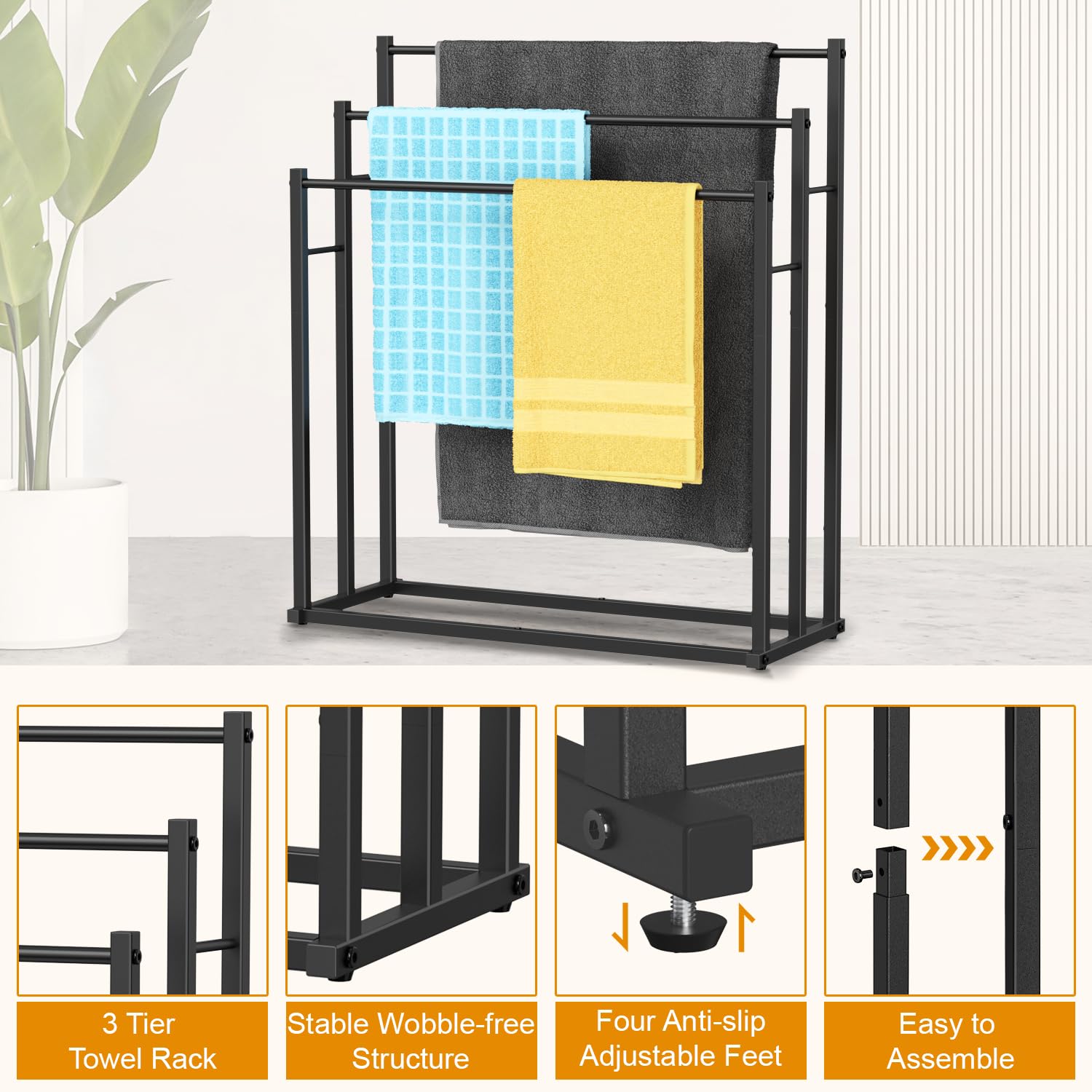 3-Tier Heavy Duty Towel Rack for Bathroom - Free Standing Wide Towel Holder for Oversized Bath Towels, Pool Blankets & Outdoor Use - Durable Black Metal Drying Stand (Perfect for Spa, Gym & Beach House Organization)