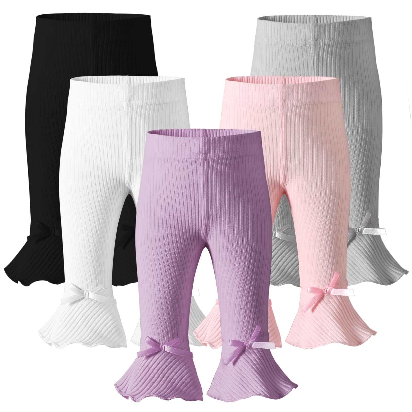 **Soft Ribbed Baby Girl Leggings - 5 Pack Straight & Flare Pants for Newborn Toddler | Bell Bottoms for Infant Girls | Perfect for Playtime, Outfits & Photo Shoots**