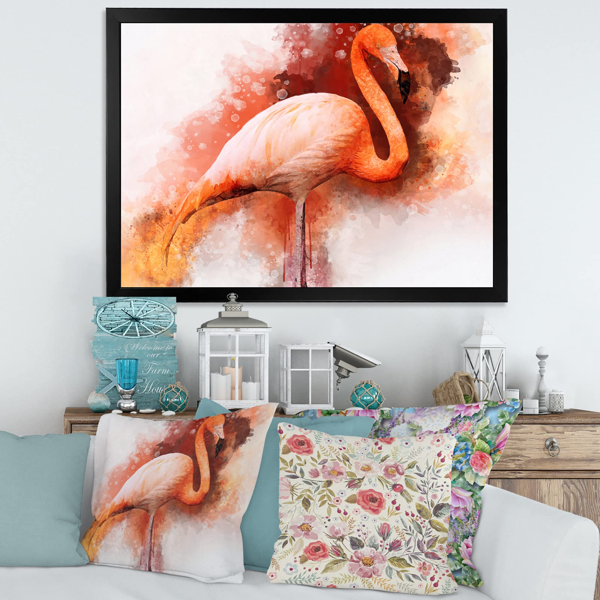 Farmhouse Framed Wall Art - Pink Flamingo II Portrait by DesignQ | Elegant Home Decor for Living Room, Bedroom & Office