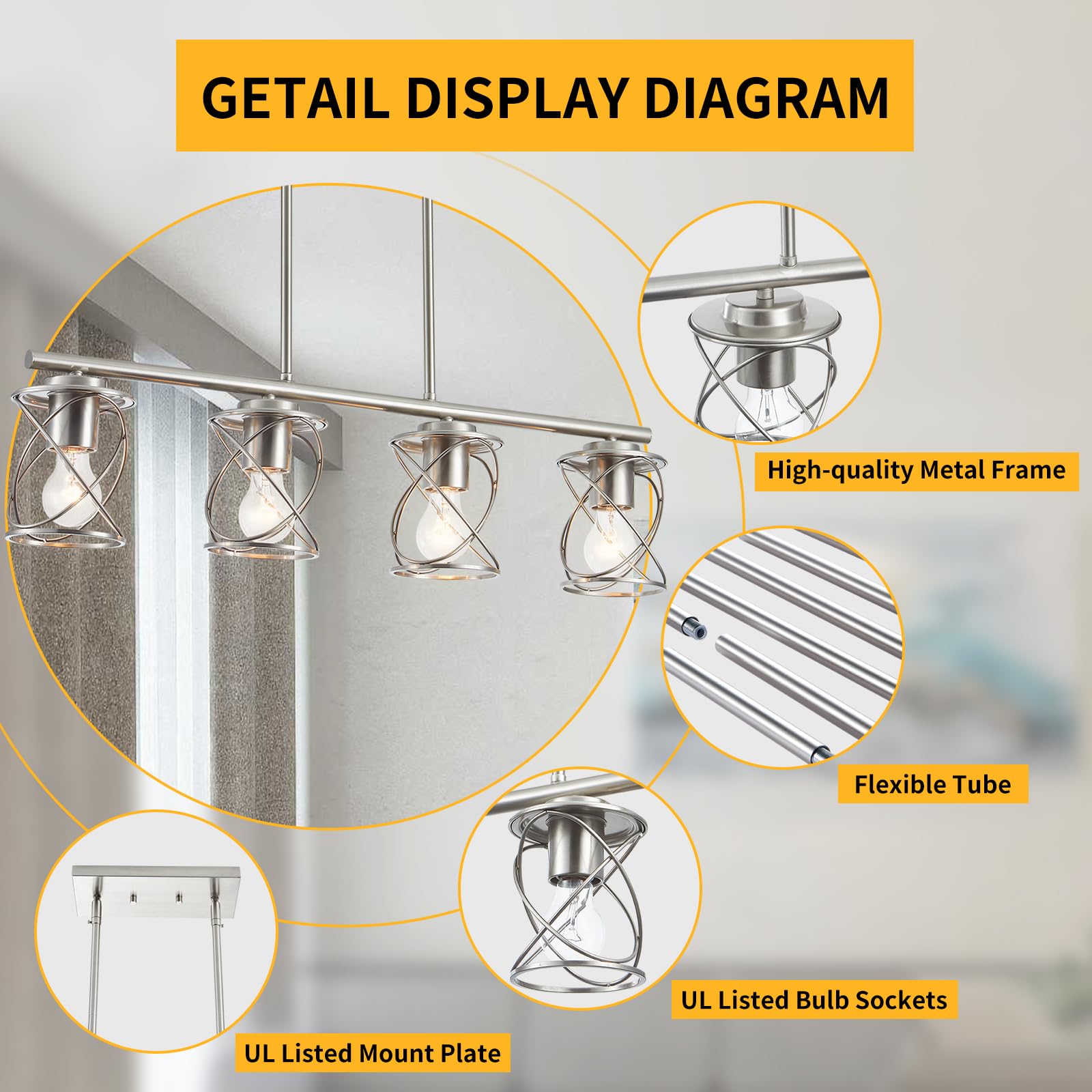 Farmhouse Linear Pendant Light - 4-Light Adjustable Kitchen Island Lighting Fixture in Brushed Nickel - Perfect for Dining Room, Living Room & Kitchen Table Decor