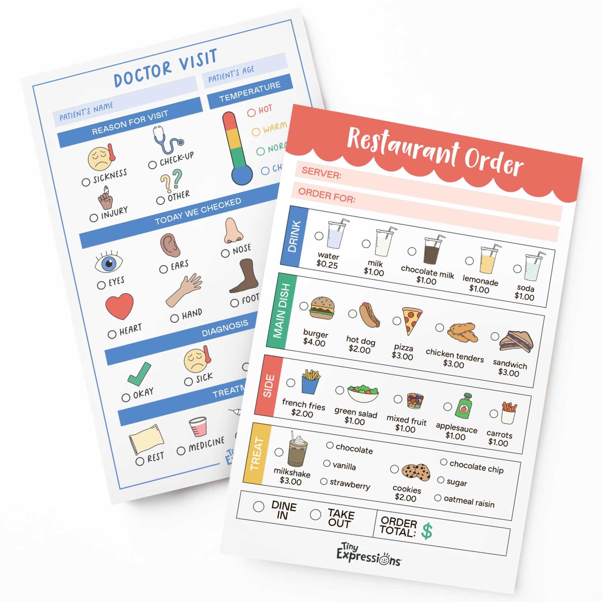 Tiny Expressions Playtime Notepads - 2-Pack Kids Pretend Play Notepads for Restaurant & Doctor Role Play - 40 Pages Order-Taking Notepad + 40 Pages Doctor Visit Notepad - Perfect for Waiter & Doctor Imaginative Play at Home or Classroom
