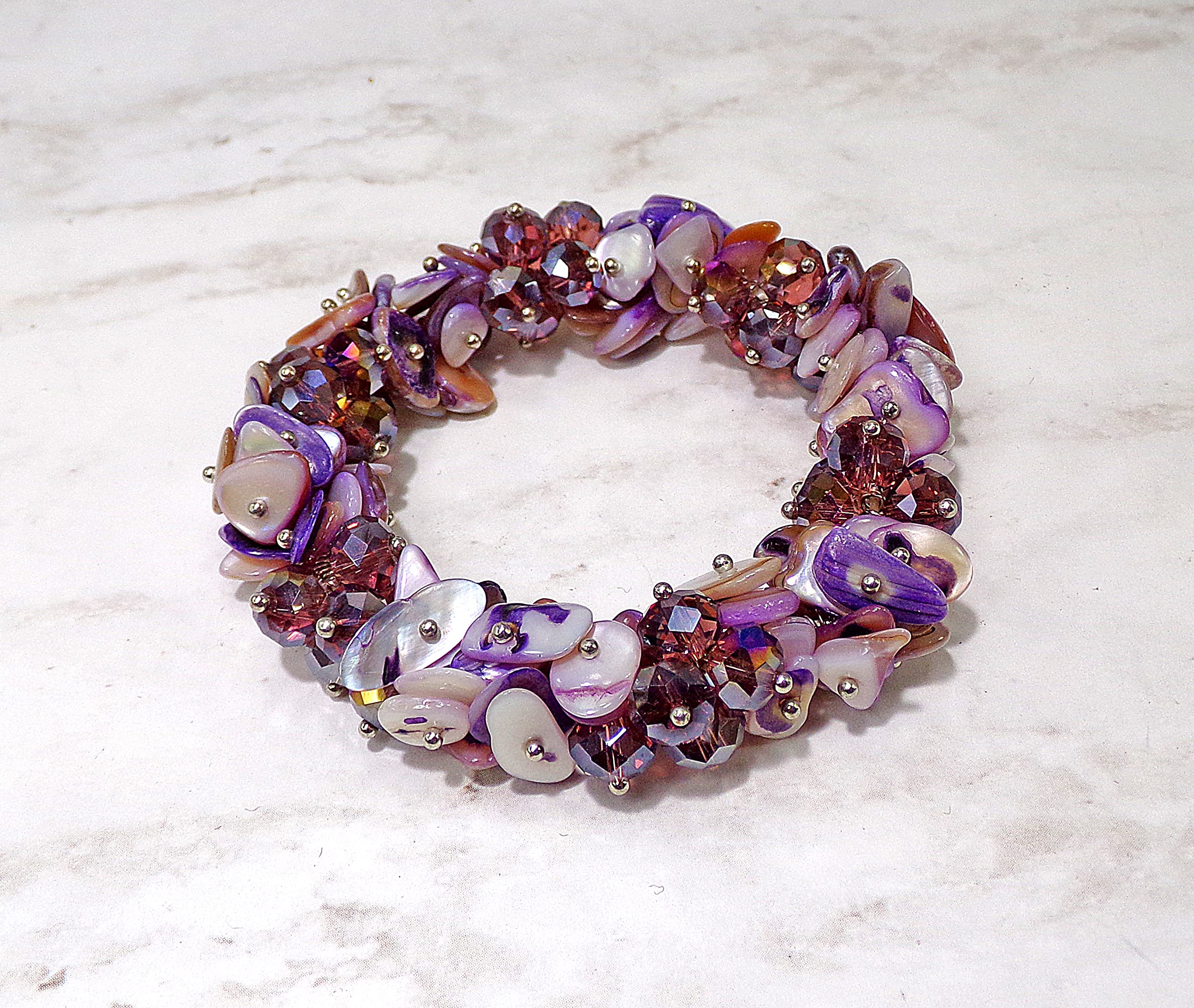 Purple Shell & Glass Beaded Stretch Bracelet with Silver Beads - Handmade Bohemian Jewelry for Women, Gift for Her | Perfect for Parties, Weddings & Everyday Wear