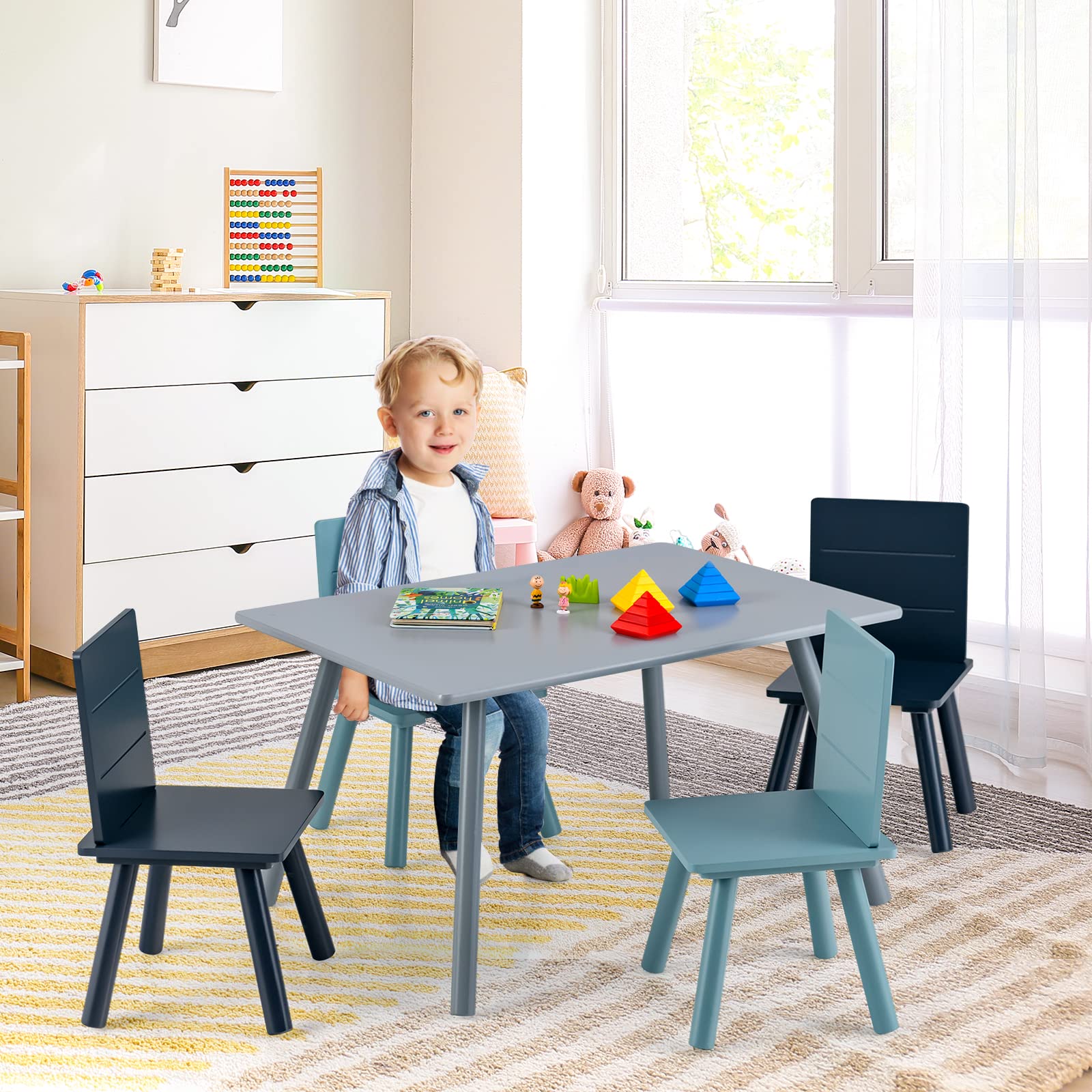 HONEY JOY Kids Table and Chair Set - 5 Piece Pine Wood Toddler Furniture with Building Blocks, Blue Children's Table & 4 Chairs for Daycare, Classroom, Playroom - Perfect Gift for Boys & Girls | Ideal for Learning, Playtime & Creative Activities