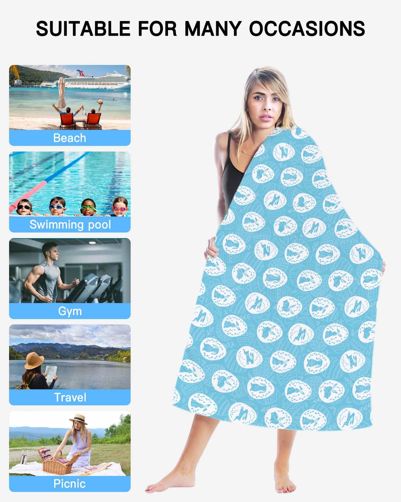 Blue Easter Beach Towel - Super Absorbent Quick Dry Sandproof Towel 35x71 inches for Adults & Kids - Watercolor Bunny & Easter Egg Design - Perfect for Pool, Travel, Camping, Beach & Bath