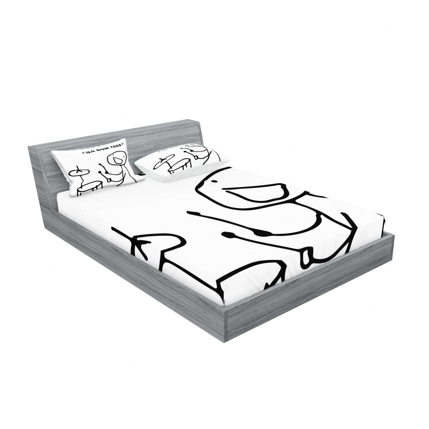Ambesonne 2-Pack Queen Size Fitted Sheet & Pillow Sham Set - Funny Badum Tss Drum Meme Comics Design (Black & White) - Includes 2 Fitted Sheets & 4 Pillow Covers - Perfect for Bedroom Decor, Gift Ideas & Meme Lovers