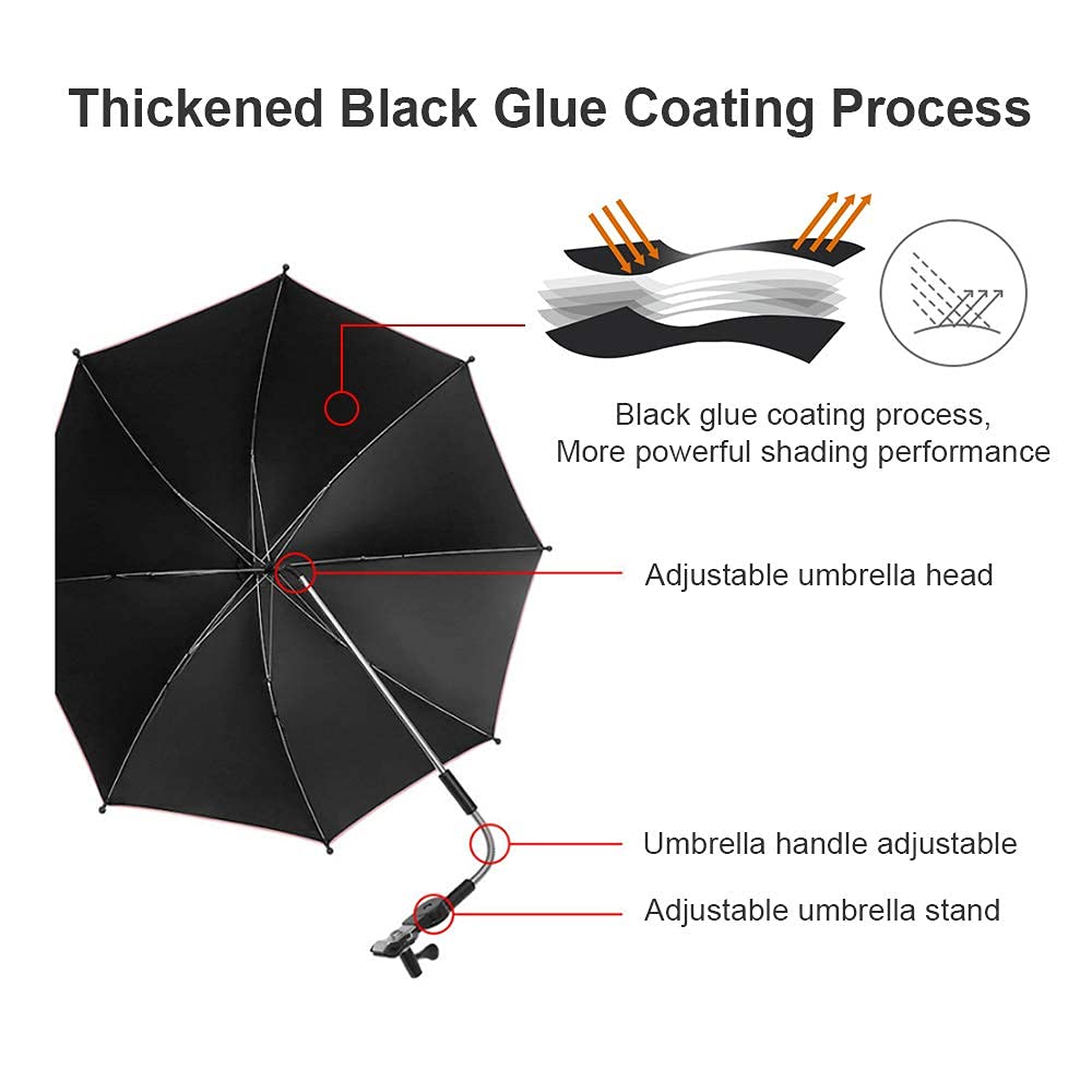UV Protection Waterproof Baby Stroller Umbrella with Clip - Sun & Rain Canopy for Prams, Beach Chairs & Outdoor Use - Black Stroller Accessories (Perfect for Walks, Travel & Beach Trips)
