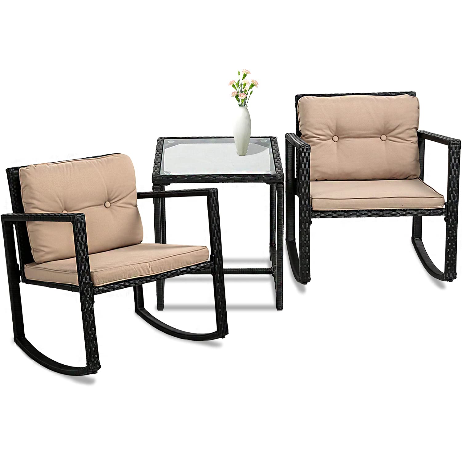 3-Piece Outdoor Rocking Chair Set with Bistro Table - Patio Furniture for Backyard, Porch, Poolside & Lawn - Black Balcony Chairs & Coffee Table - Perfect for Relaxing, Entertaining & Outdoor Dining