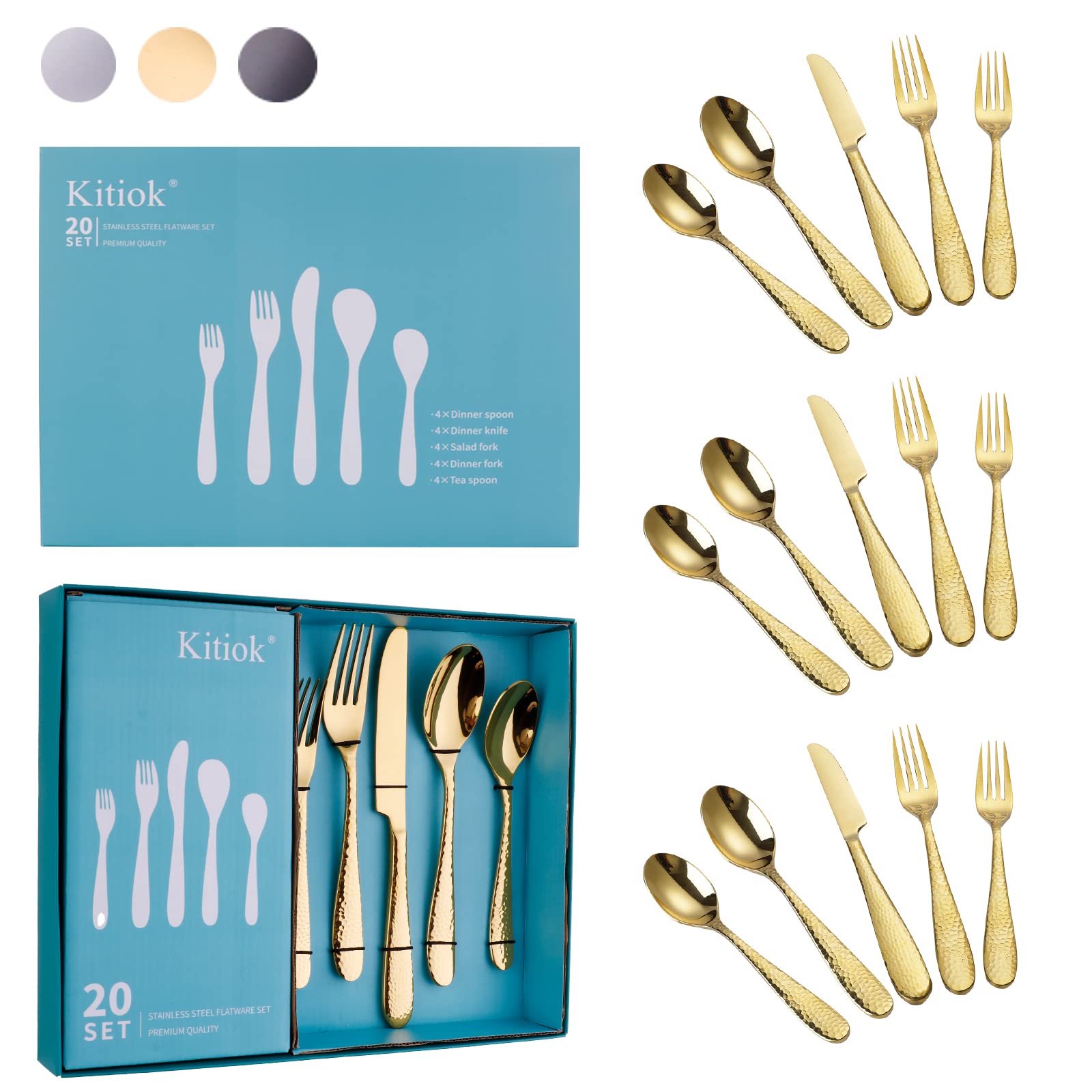Kitiok 20-Piece Hammered Gold Silverware Set - 18/10 Stainless Steel Flatware for 4, Elegant Cutlery Set with Forks, Spoons & Knives | Dishwasher Safe | Perfect for Dinner Parties, Weddings & Formal Dining