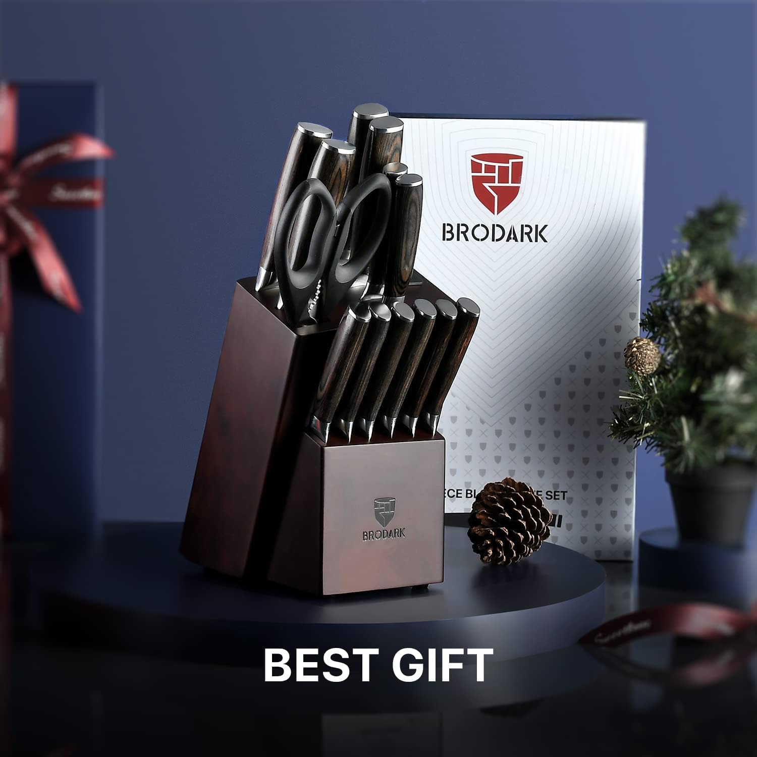 15-Piece Professional German Stainless Steel Knife Block Set - Ultra Sharp Kitchen Knives with Wooden Block & Sharpener - Ergonomic Full Tang Chef Knives for Slicing, Dicing, and Meal Prep - Perfect for Home Cooks & Professional Kitchens