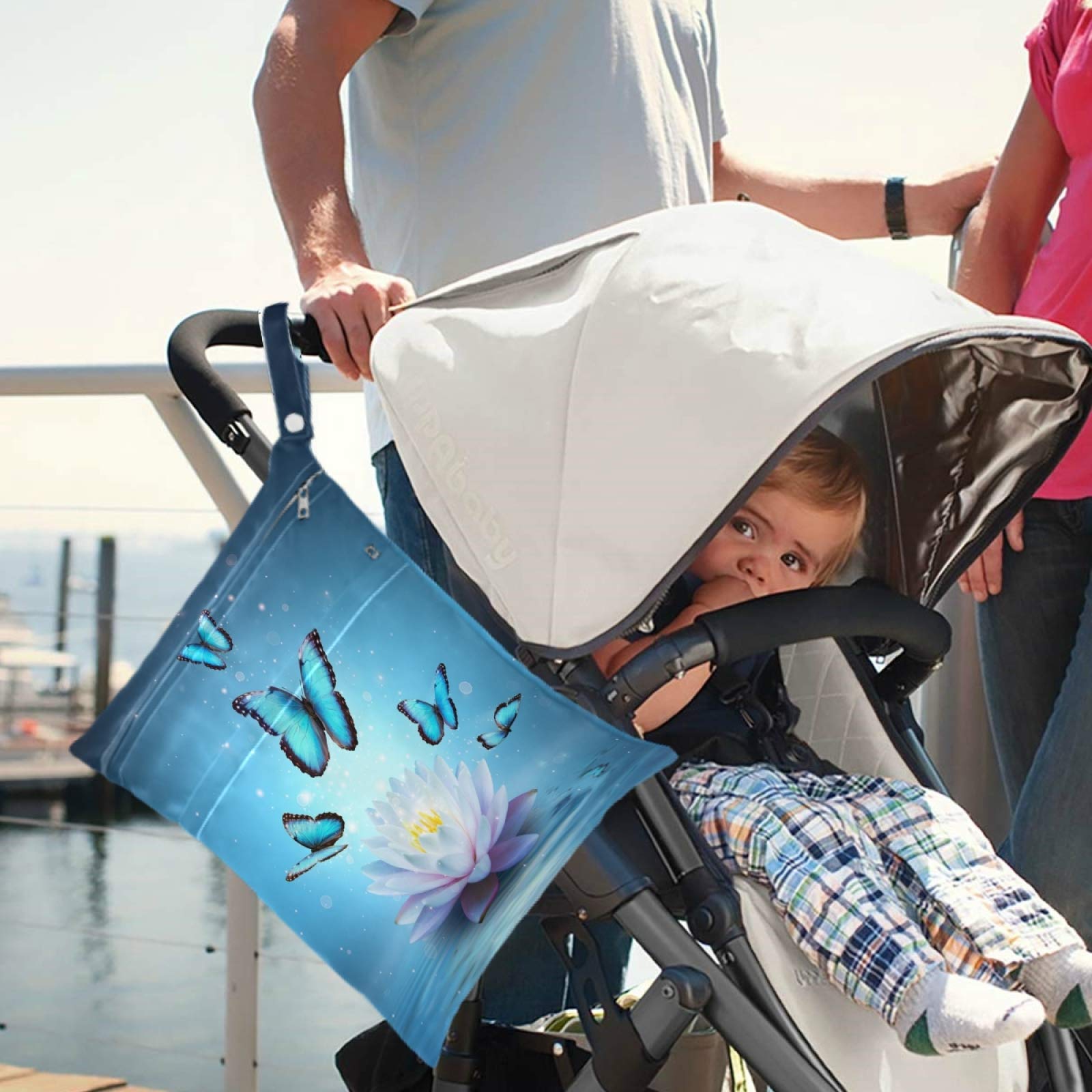 Visesunny Blue Butterfly Lotus 2Pcs Wet Bags - Waterproof Reusable Zippered Pouch for Travel, Beach, Pool, Gym & Daycare | Perfect for Wet Swimsuits, Dirty Clothes, Diapers & Toiletries | Compact & Washable for Strollers & On-the-Go Use