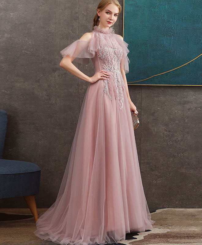 Elegant Pink Tulle Lace Long Prom Dress with Beading - Formal Graduation Gown for Women - Perfect for Prom Night, Homecoming, Quinceañera & Special Occasions