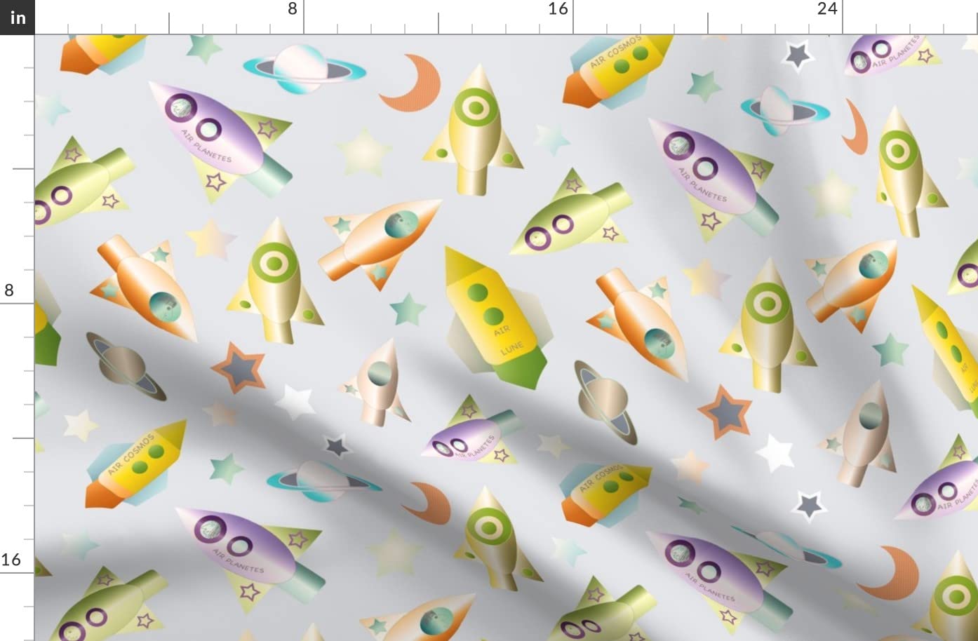 Rocketships Outer Space Exploration Kids Gender Neutral Science Planets Printed Denim Fabric Fat Quarter - Bottomweight Apparel & Home Decor Upholstery Material for DIY Crafts, Kids Room Decor, Space Themed Bedding