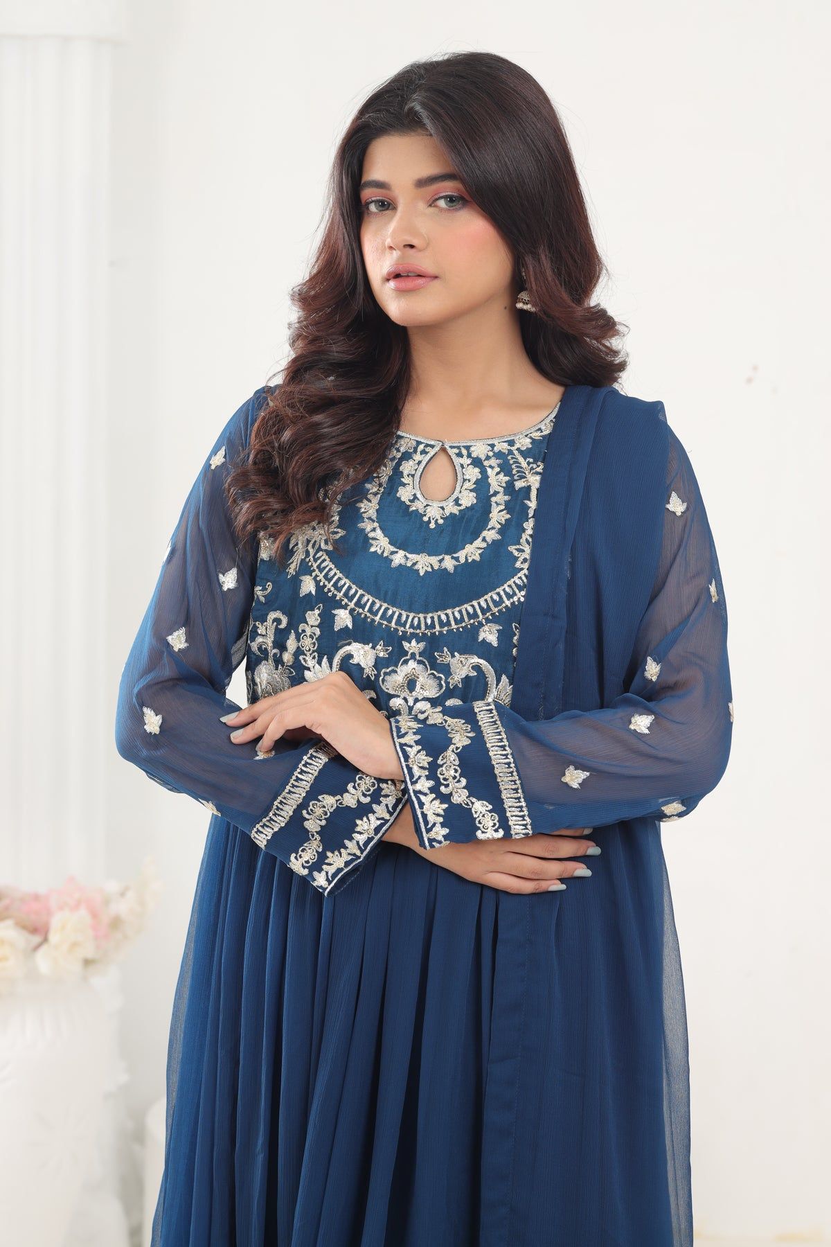 Elegant Chiffon Peacock Blue 3-Piece Stitched Suit Set for Women | Stonez | Perfect for Weddings, Parties & Special Occasions