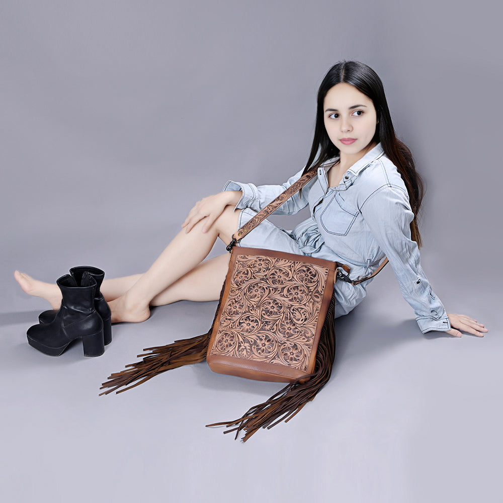 American Darling ADBG507BR Large Crossbody Hand Tooled Genuine Leather Women's Western Handbag Purse - Perfect for Casual Outings, Travel & Country Style Fashion