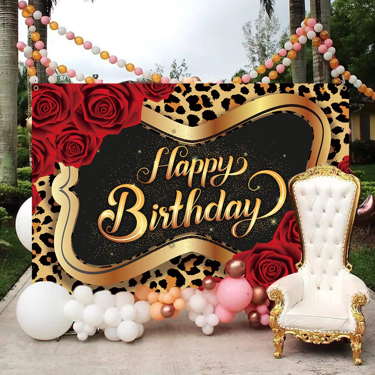 Red Rose Leopard Print Happy Birthday Backdrop – 4x6 ft Party Decor Photography Background for Girls, Women, Sisters & Daughters | Perfect for Birthday Parties, Dessert Tables & Photo Booths