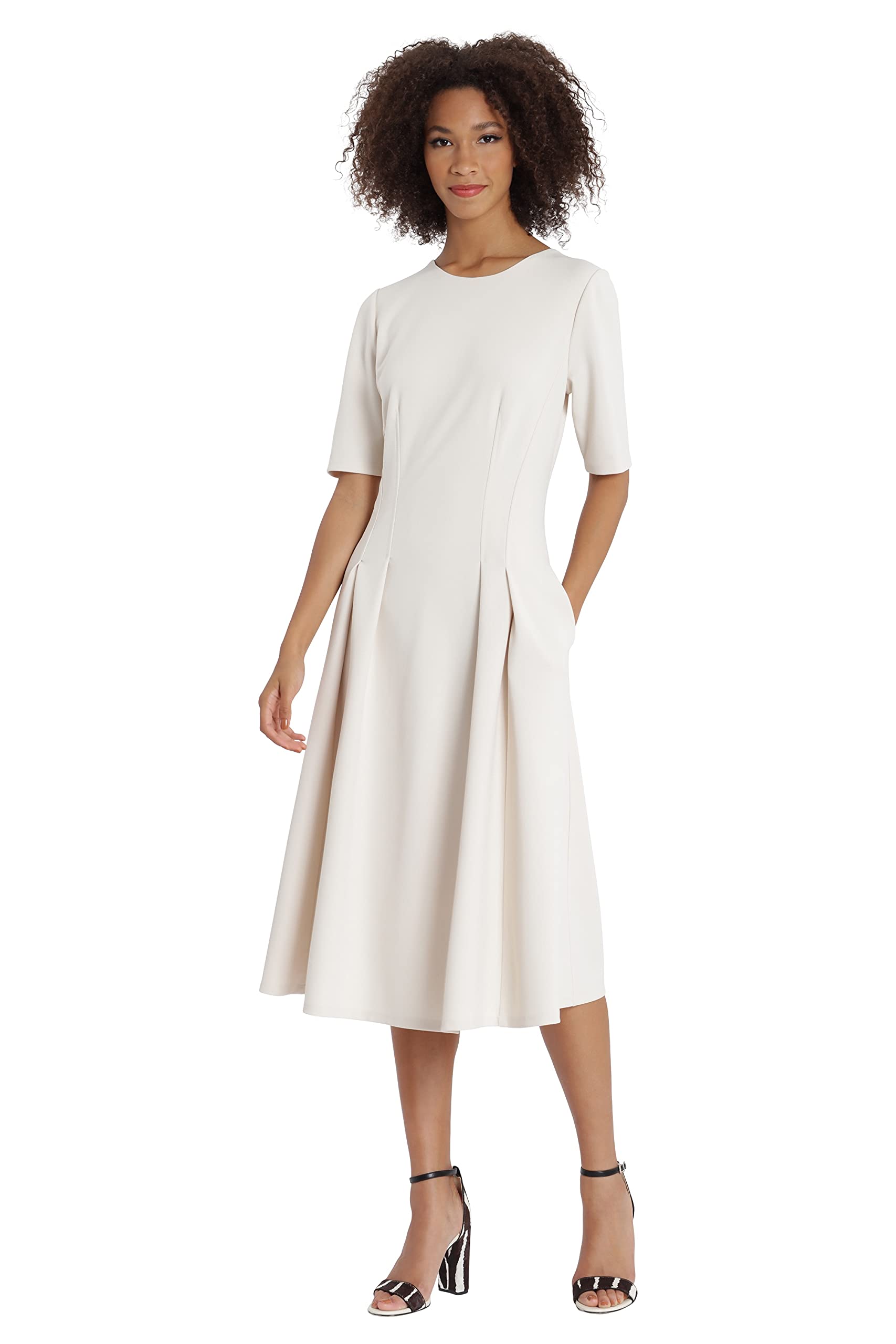 Maggy London Women's Short Sleeve Double Pleat Midi Dress - Elegant Flowy A-Line Dress for Work, Wedding & Special Occasions