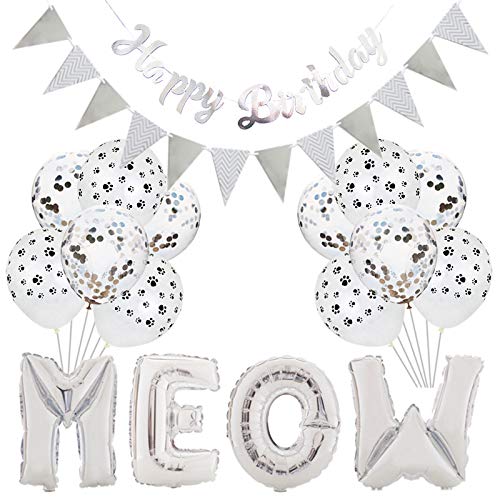 Cat Birthday Party Decorations - Meow Letter Balloons, Cat Paw Print Balloons & Happy Birthday Banner | Pet Birthday Party Supplies for Cat Lovers | Perfect for Kitty Themed Birthday Celebrations & Pet Adoption Parties