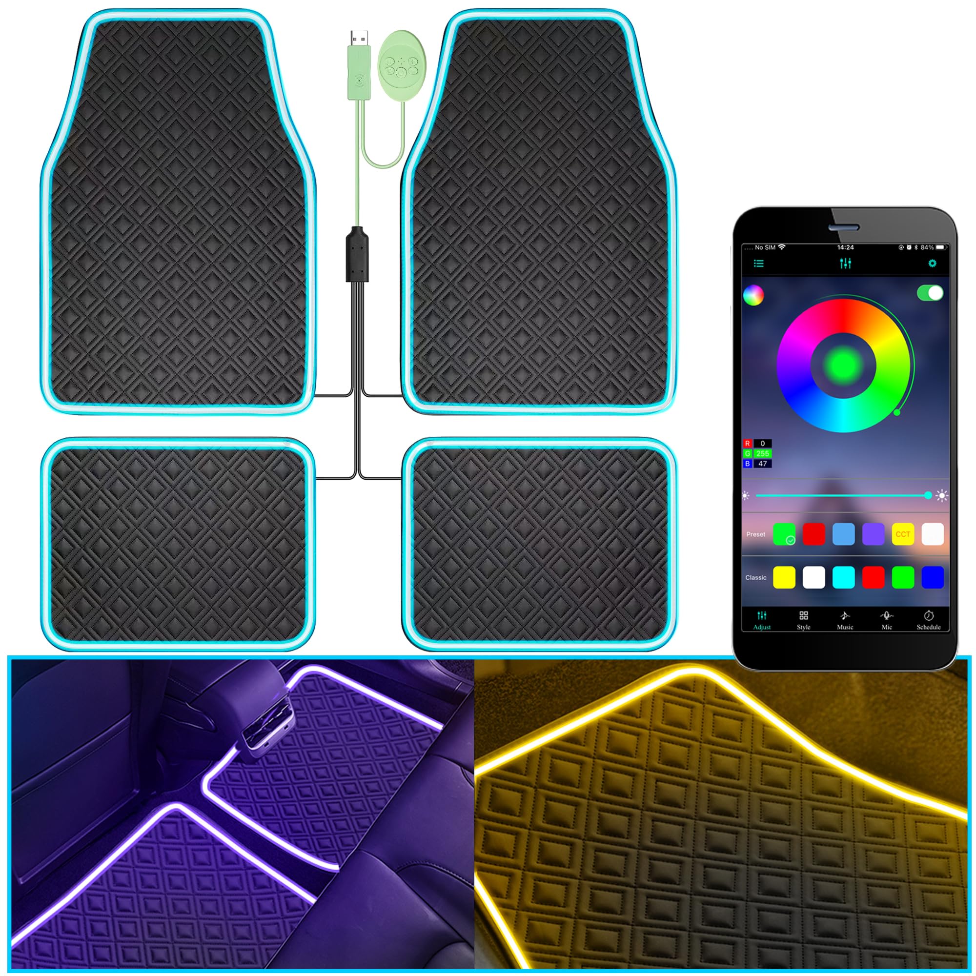 LED Car Floor Mats - Universal Fit, Waterproof & Anti-Slip for SUV/Sedan - Interior Neon Decor