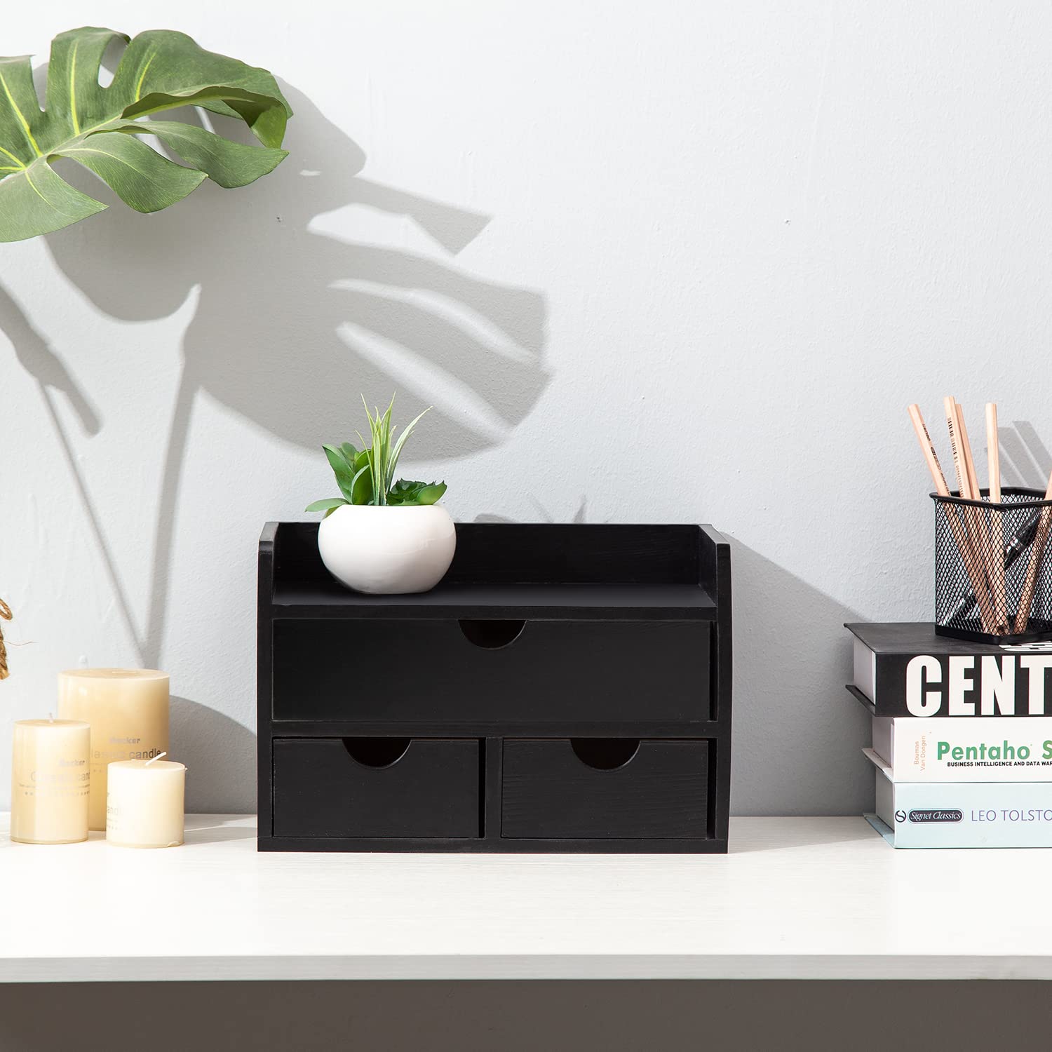 Black Bamboo Desk Organizer with 3 Drawers & Shelf - Wooden Storage Cabinet for Home Office, Workspace & Bathroom - Perfect for Organizing Toiletries, Makeup, Stationery & Vanity Supplies (Ideal for Desk, Countertop & Vanity Organization)