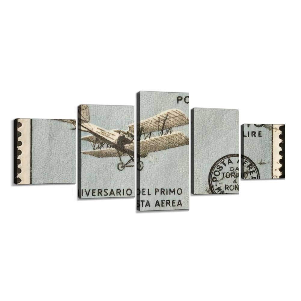 Vintage 1967 Italy Biplane Stamp Print Canvas Wall Art - Abstract Landscape Photography Painting for Modern Home Decor (5-Piece Set, Stretched & Framed) | Perfect for Living Room, Office & Gallery Wall Display