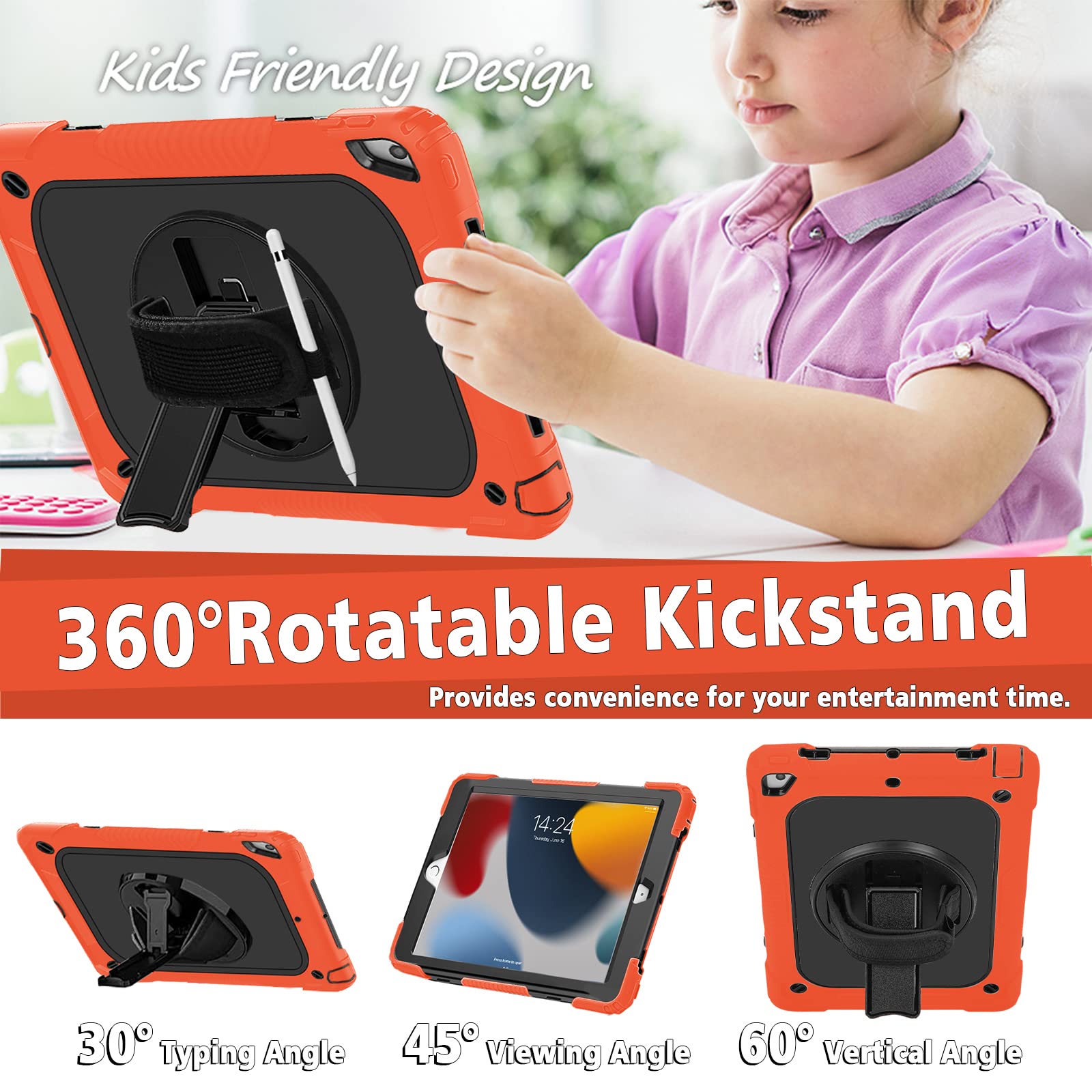 Shockproof iPad 10.2 Case for 9th/8th/7th Gen (2021/2020/2019) with 360° Rotating Hand Strap, Pencil Holder & Shoulder Strap - Durable Protective Cover for Work, Travel & Outdoor Use (Orange)