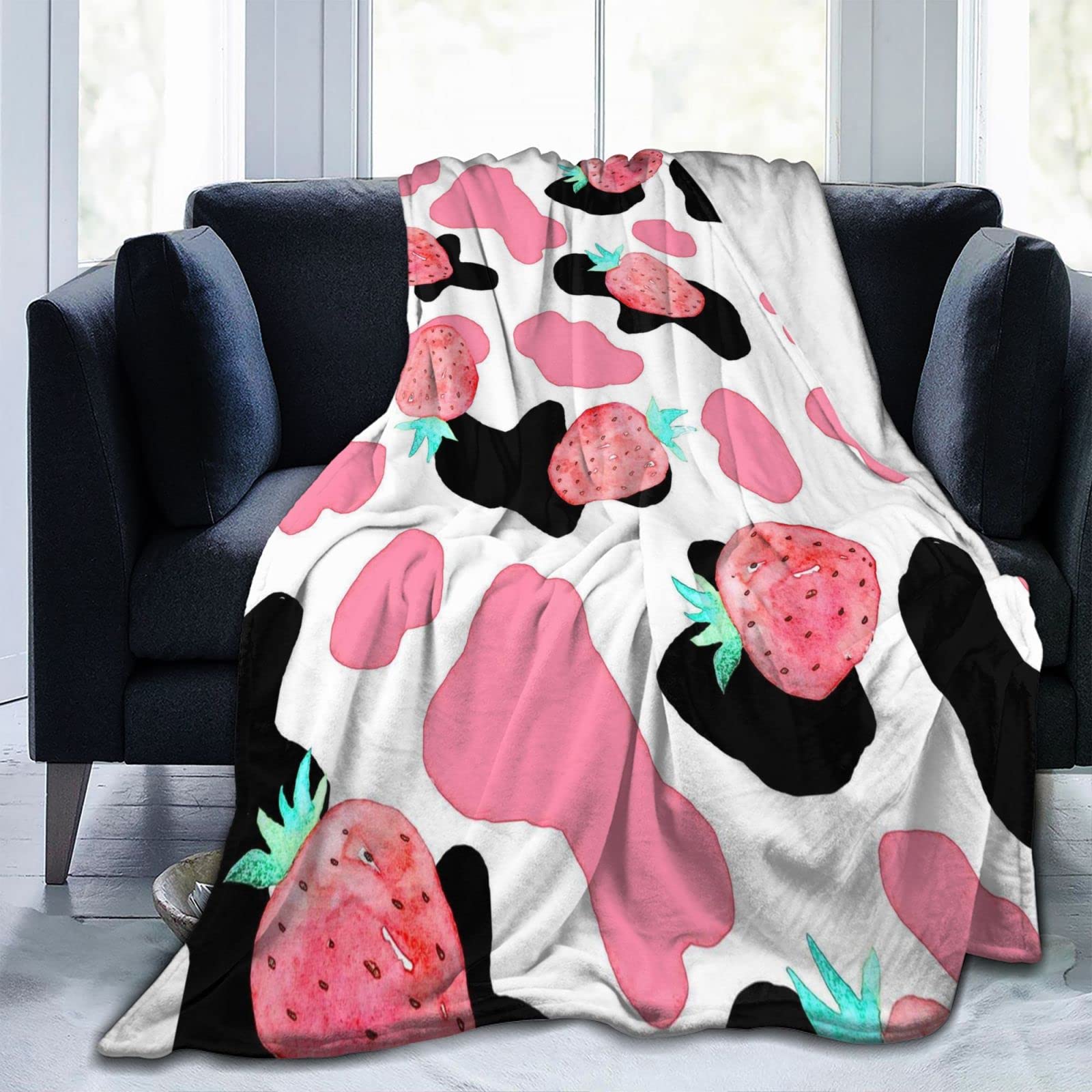 Super Soft Cow Print Fleece Blanket - Cozy Plush Sloth Throw for Adults & Women, Warm Strawberry Cow Pattern Blanket - Perfect Gift for Couch, Sofa, Bedroom & Lounge