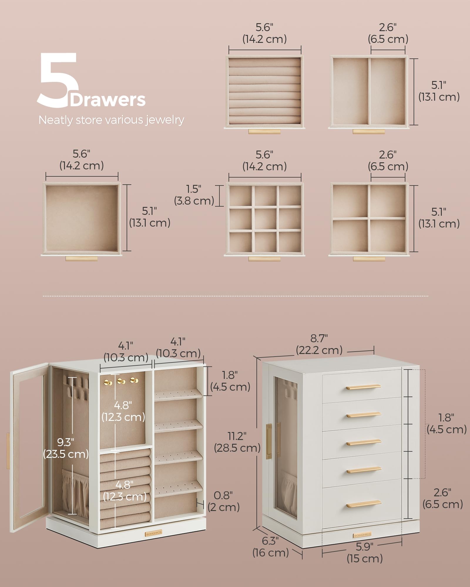 360° Rotating Jewelry Organizer Box with 5 Drawers & Glass Window - Spacious Vertical Jewelry Storage Case for Necklaces, Rings & Earrings - Perfect Gift for Women (Cloud White) | Bedroom Vanity, Closet & Travel Jewelry Organizer