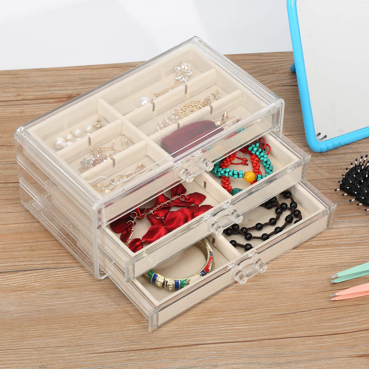 Acrylic Jewelry Organizer Box with 3 Drawers & Adjustable Velvet Trays - Clear Cosmetic Storage Case for Earrings, Rings & Makeup | Perfect for Vanity, Travel & Gift Giving