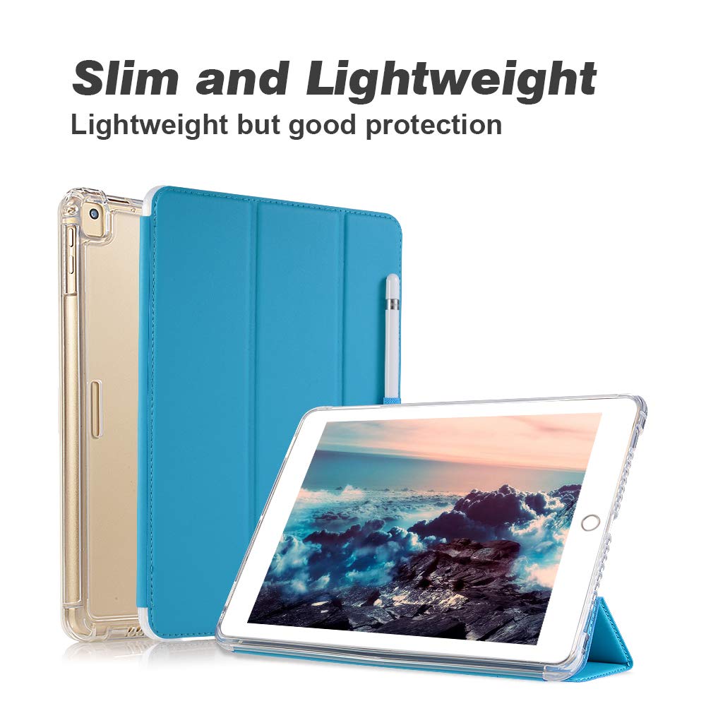 Valkit iPad 6th/5th Generation Case (2018/2017 Model) - 9.7 Inch Protective Cover with Pencil Holder & Auto Wake/Sleep | Smart Folio Stand | Translucent Frosted Back Cover | Sky Blue | Perfect for Work, School & Travel