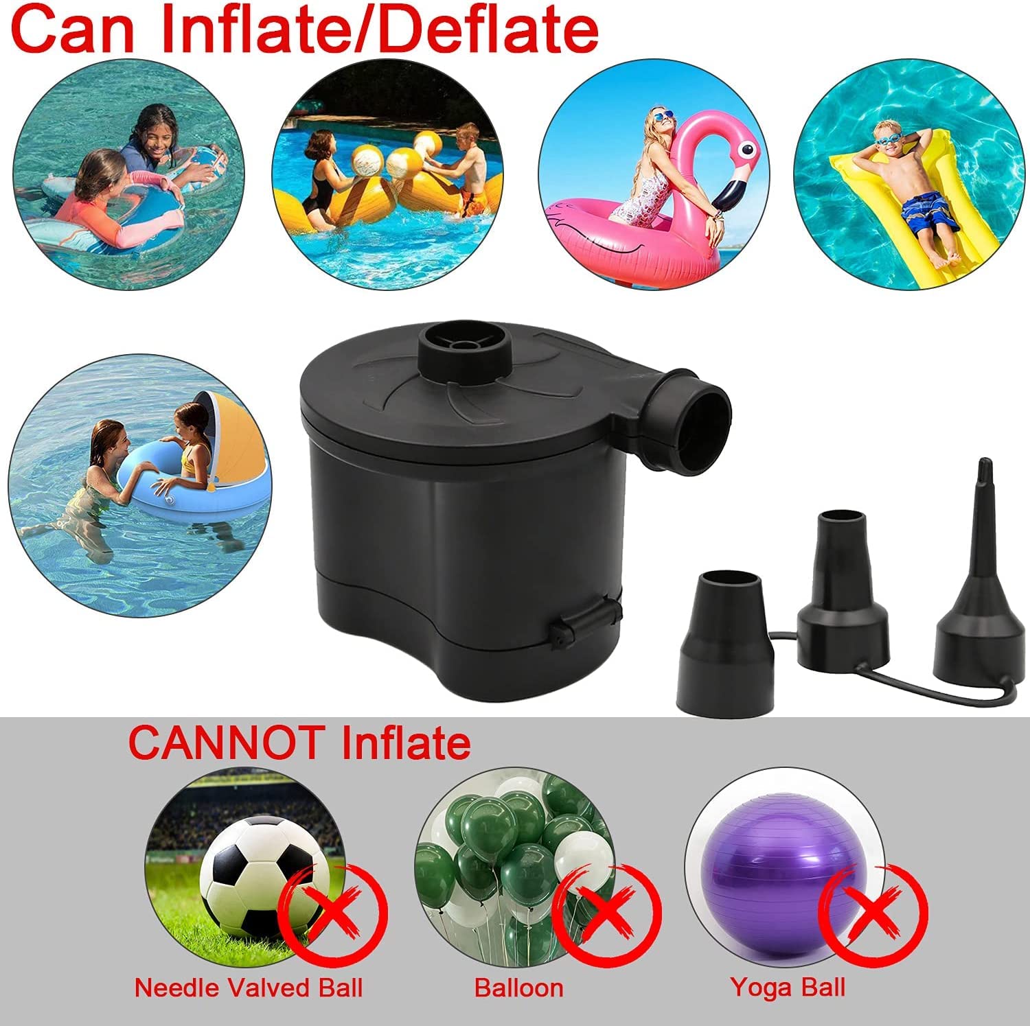 OBEST Portable Electric Air Pump - Battery Powered Inflator & Deflator for Air Mattress, Pool Floats, Rafts, Boats & Toys - Includes 3 Nozzles - Perfect for Camping, Beach Trips & Outdoor Adventures