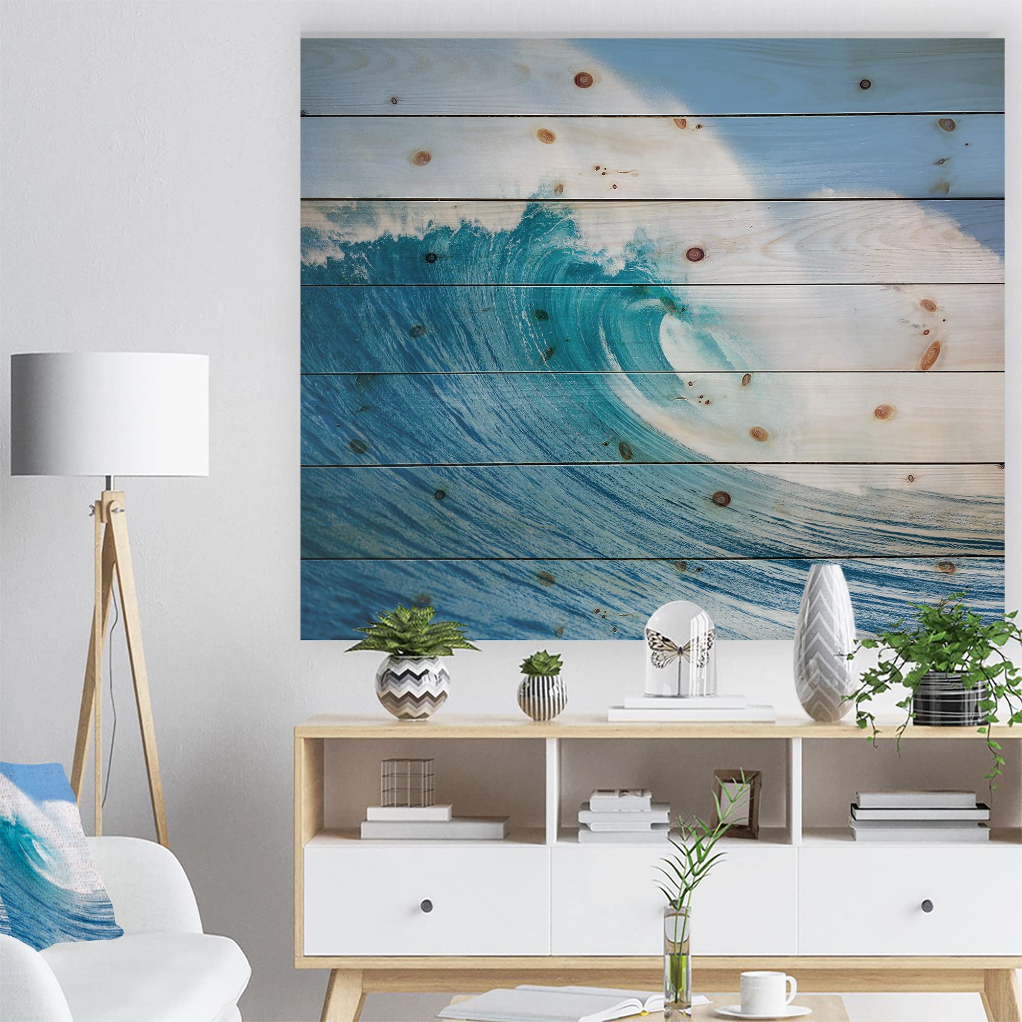 Blue Ocean Wave Nautical Wood Wall Art - Coastal Beach Decor Printed on Natural Pine Wood - Large Wooden Wall Panels for Living Room, Bedroom or Beach House Decoration