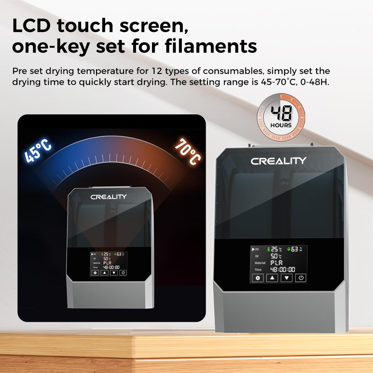 Creality Official Space PI Filament Dryer Plus - 2 Spool 3D Printer Filament Storage Box with Built-in Fan, Filament Holder & Dehydrator - One-Key Setting for PLA, ABS, PETG Filament - Perfect for 3D Printing Workshops & Home Use