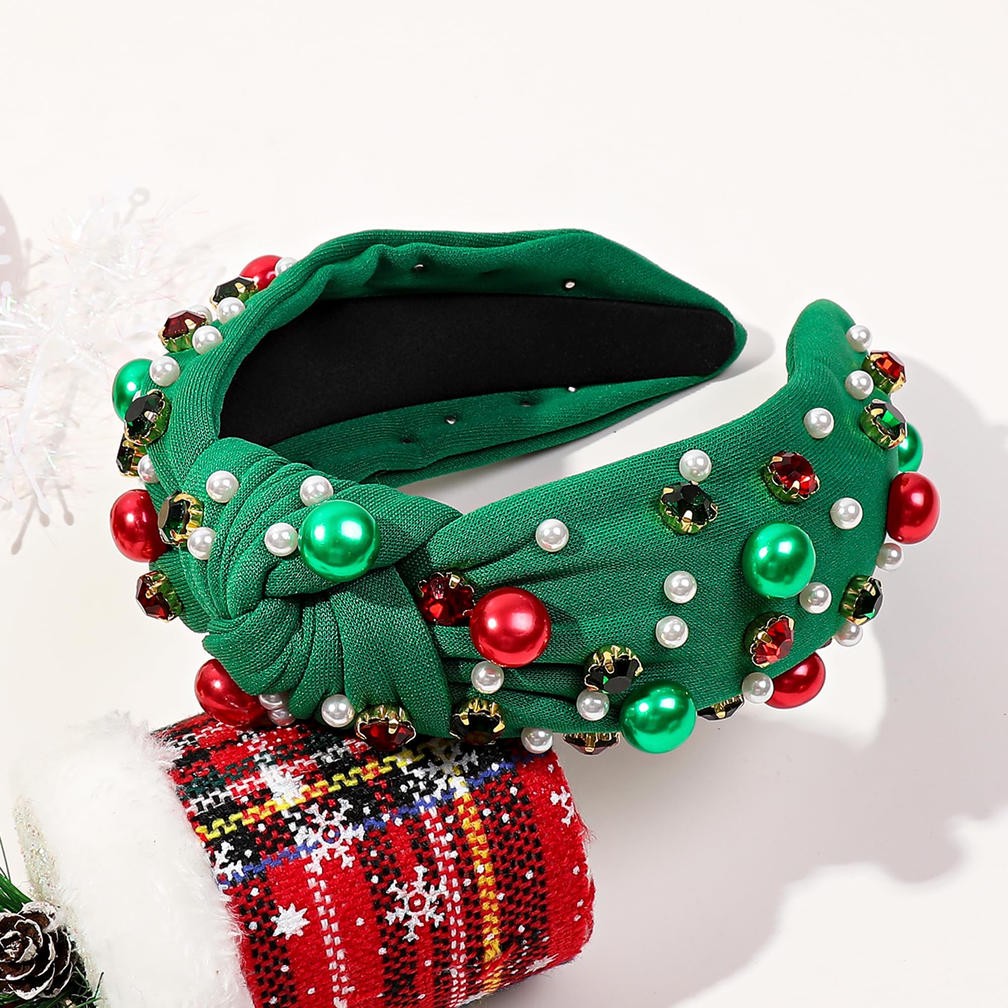 Elegant Christmas Headbands for Women & Girls - Green Jeweled Pearl Sparkly Headband Hair Accessories | Perfect for Holiday Parties, Festive Gatherings & Christmas Photos
