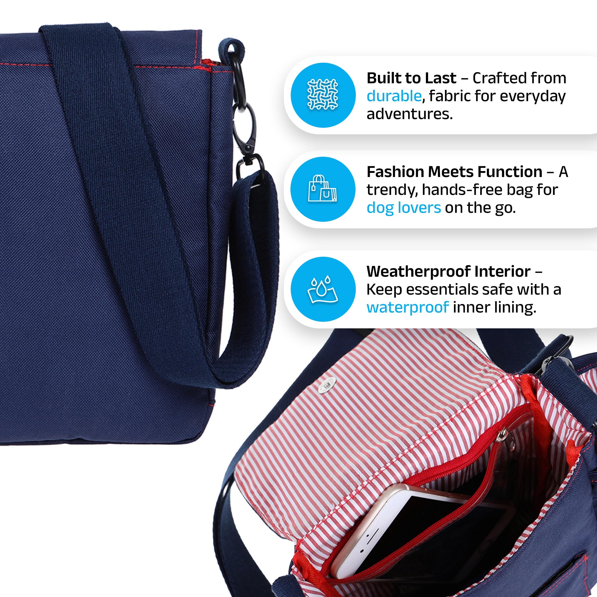 DOOG Adjustable Shoulder Walkie Bag with Poo & Water Bottle Pockets - Navy & Red for Dog Walking, Hiking & Outdoor Adventures