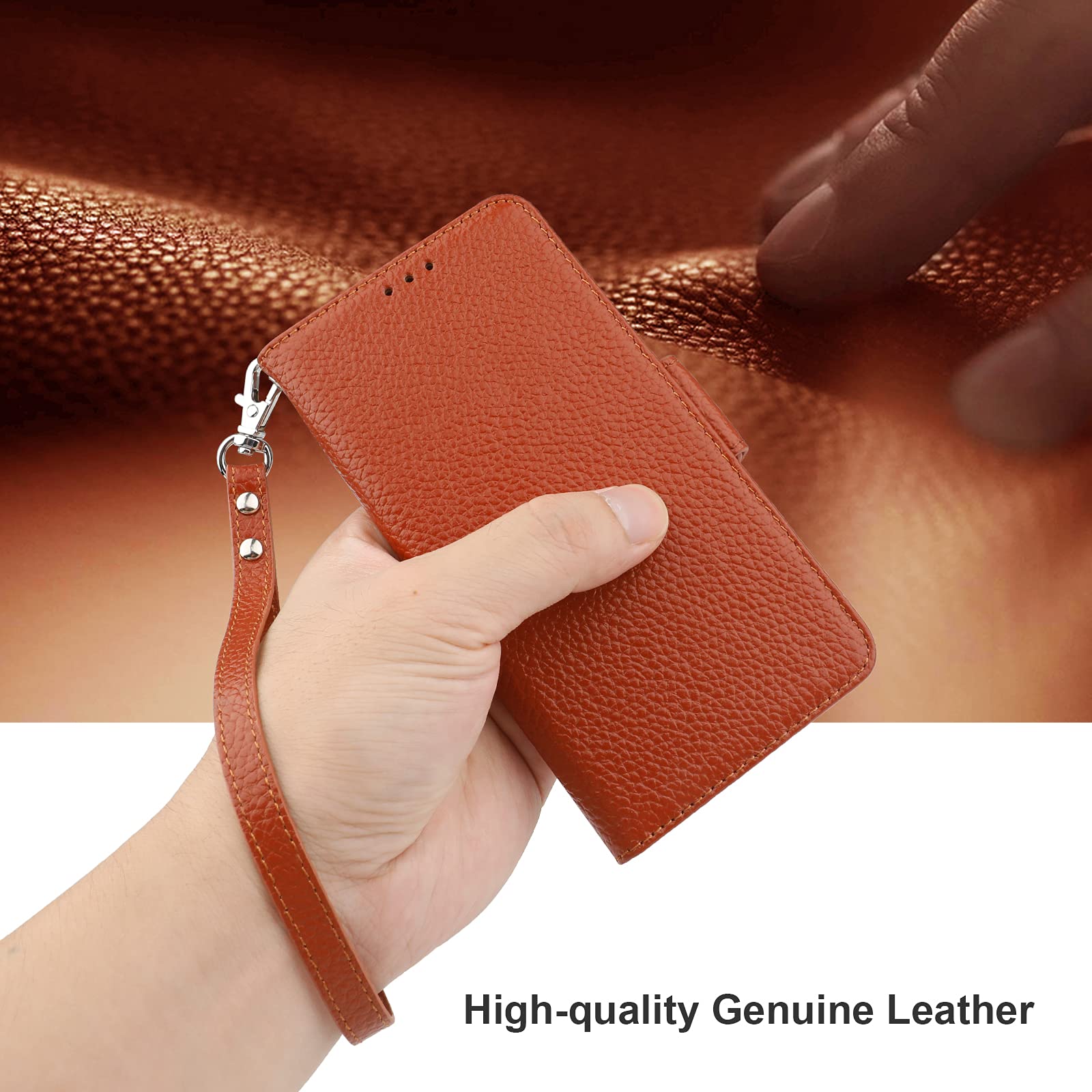 Premium Genuine Leather iPhone 11 Wallet Case with Wireless Charging & RFID Blocking - Flip Folio Cover with Card Slots, Kickstand & Wrist Strap (6.1 Inch, Brown) - Perfect for Travel, Work & Everyday Use