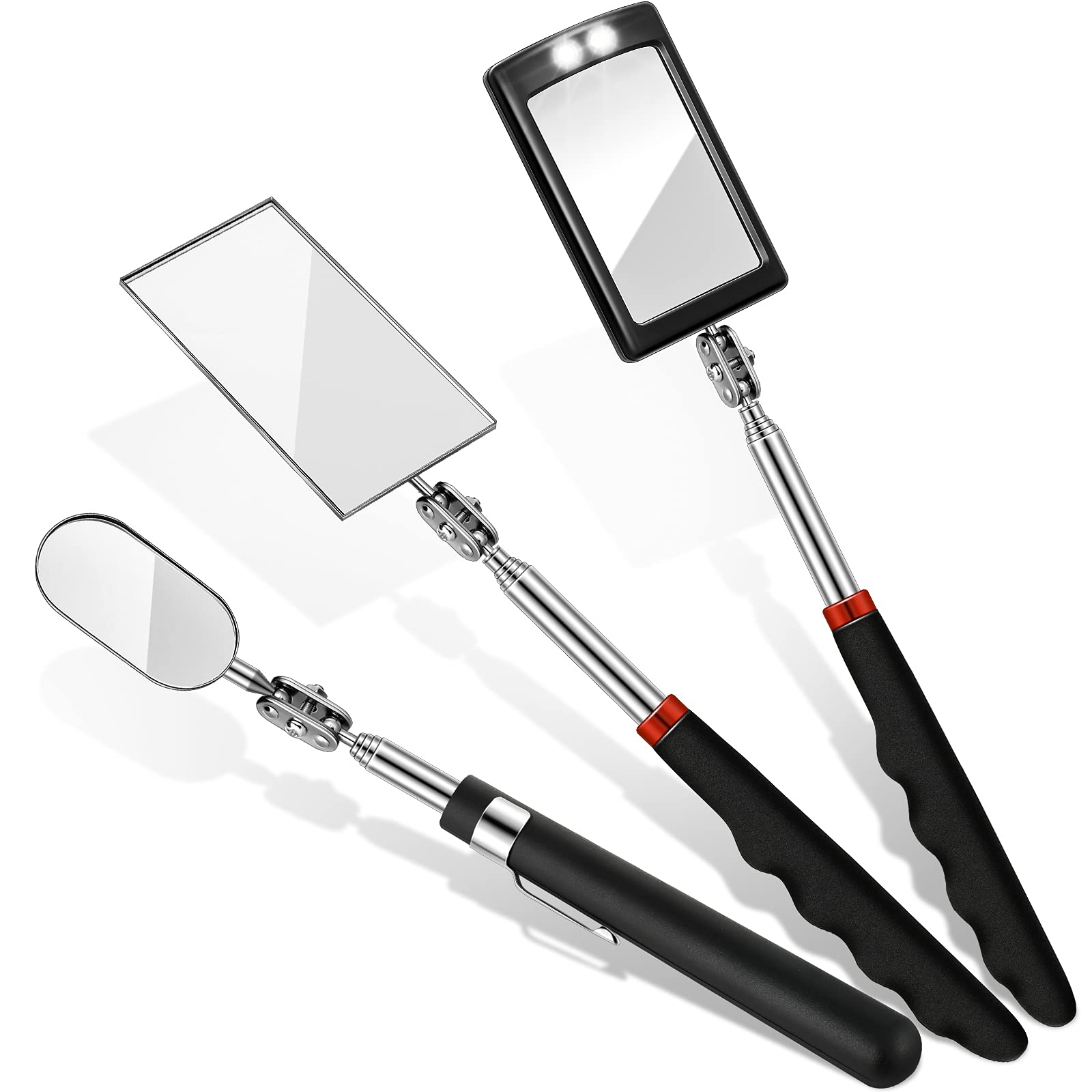 3-Piece Telescoping Inspection Mirror Set - Round, Square & Oval Mirrors with LED Light for Vehicle, Eyelash, and Small Parts Inspection | Perfect for Mechanics, Cosmetologists & DIY Enthusiasts