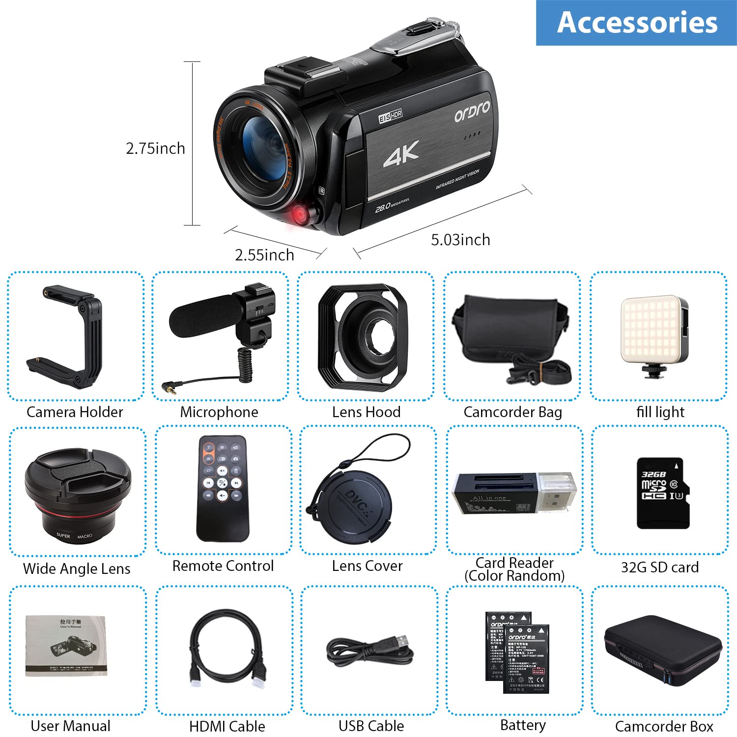 ORDRO AZ30 4K 60FPS UHD Camcorder with 30X Digital Zoom, WiFi, IR Night Vision & Wide Angle Lens - Perfect for YouTube Vlogging, Live Streaming & Travel Videography (Includes Microphone, 32GB Micro Card & Batteries)