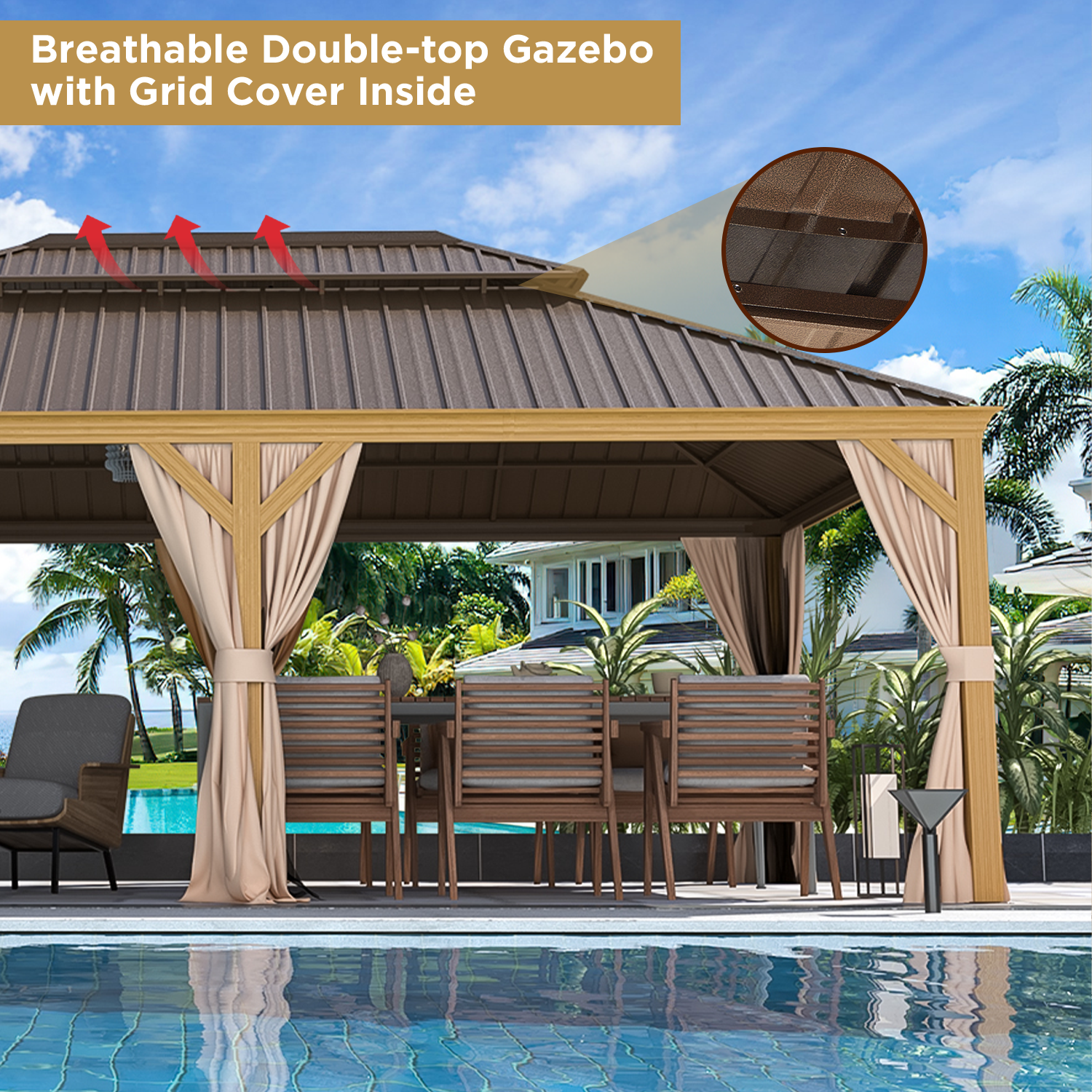 EROMMY 12x22 Hardtop Rectangular Gazebo with Metal Double Roof - Outdoor Patio, Garden, Backyard Shelter for Parties & Relaxation