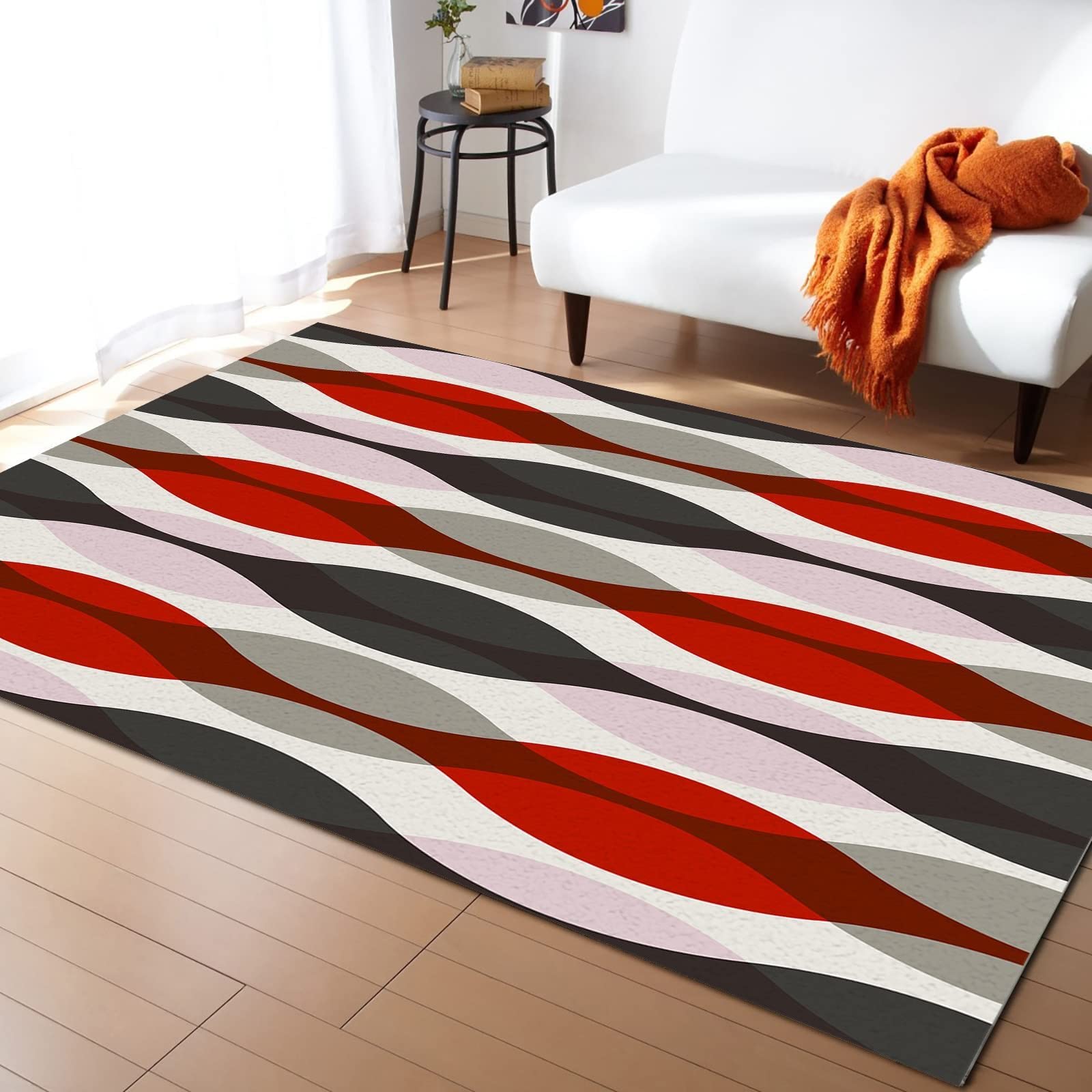Modern Abstract Geometric Area Rug 5x7 ft - Red & Grey Ripple Pattern, Soft Washable Non-Slip Backing - Perfect for Living Room, Bedroom, Kitchen, Dining Room & Laundry Room Decor