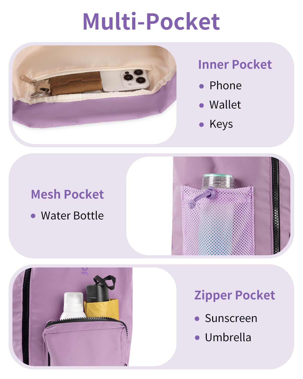 Waterproof Drawstring Backpack with Shoe Compartment - Gym & Beach Bag for Women & Men (Lilac) - Perfect for Sports & Swimming
