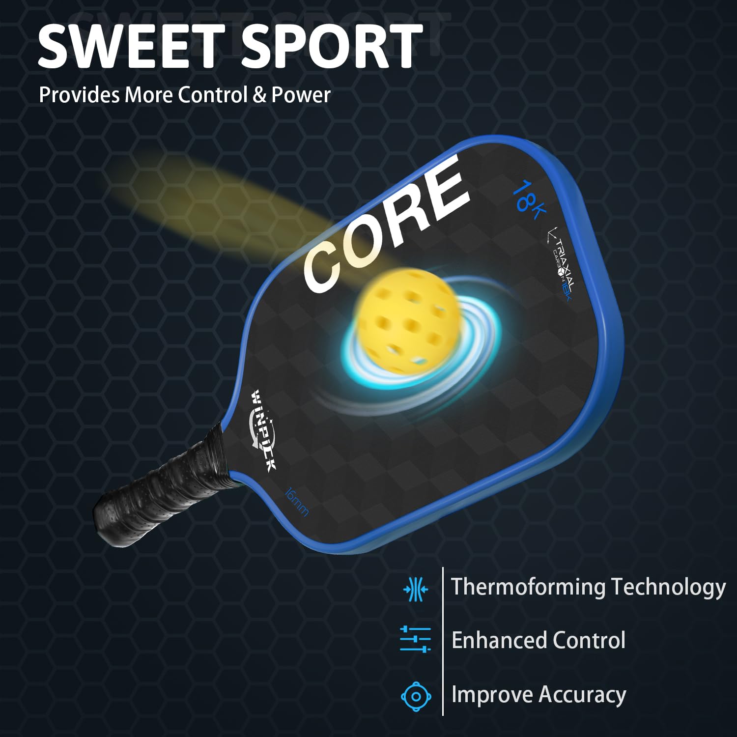 WINPICK USAPA Approved Pickleball Paddle - T700 Carbon Fiber Thermoformed Racket with High Spin & Power, 16mm Polypropylene Honeycomb Core, Anti-Slip Comfort Grip - Perfect for Competitive Play & Recreational Games