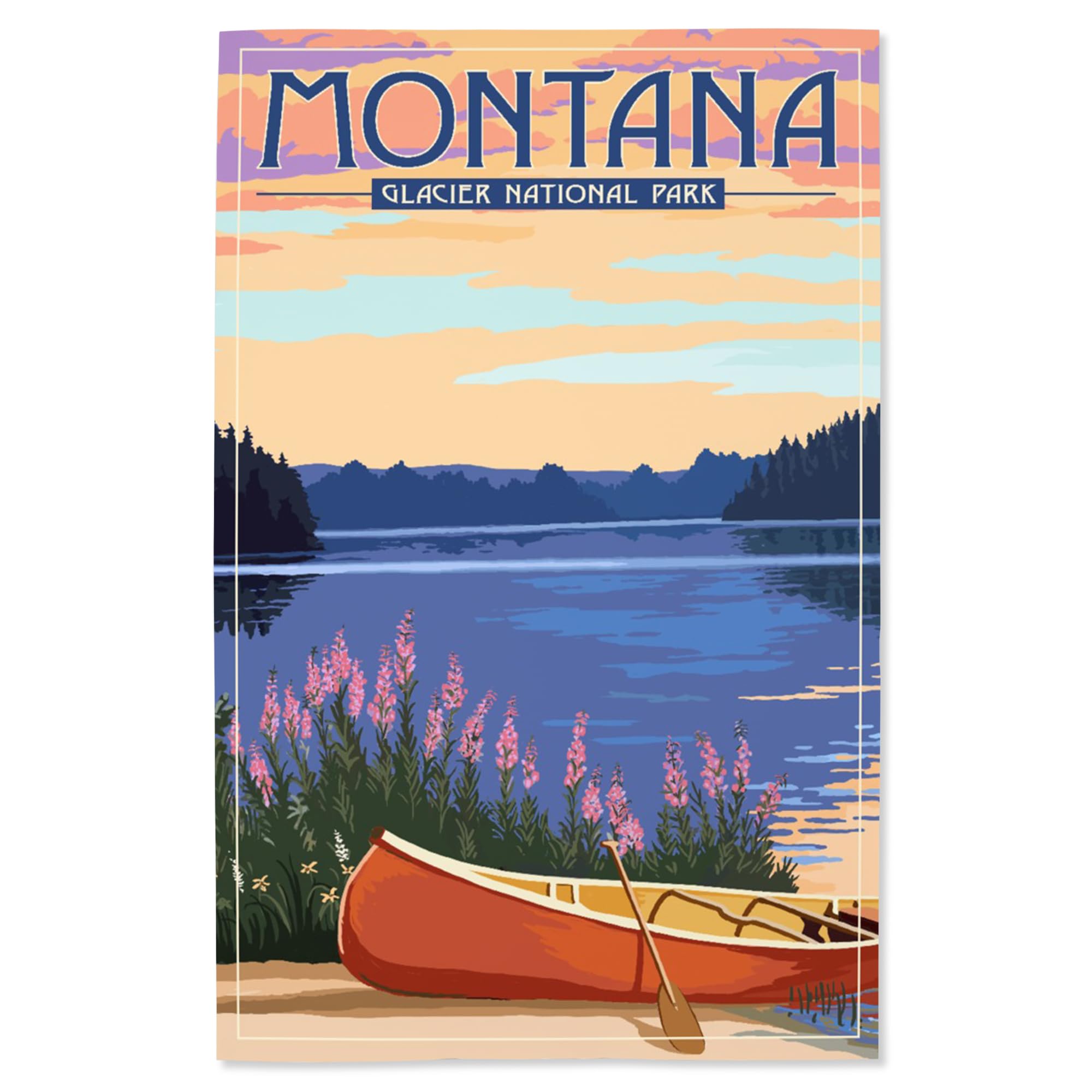 Lantern Press 16x24 Inch Giclee Art Print - Glacier National Park Montana Landscape with Canoe on Lake | Wall Decor for Living Room, Bedroom & Office