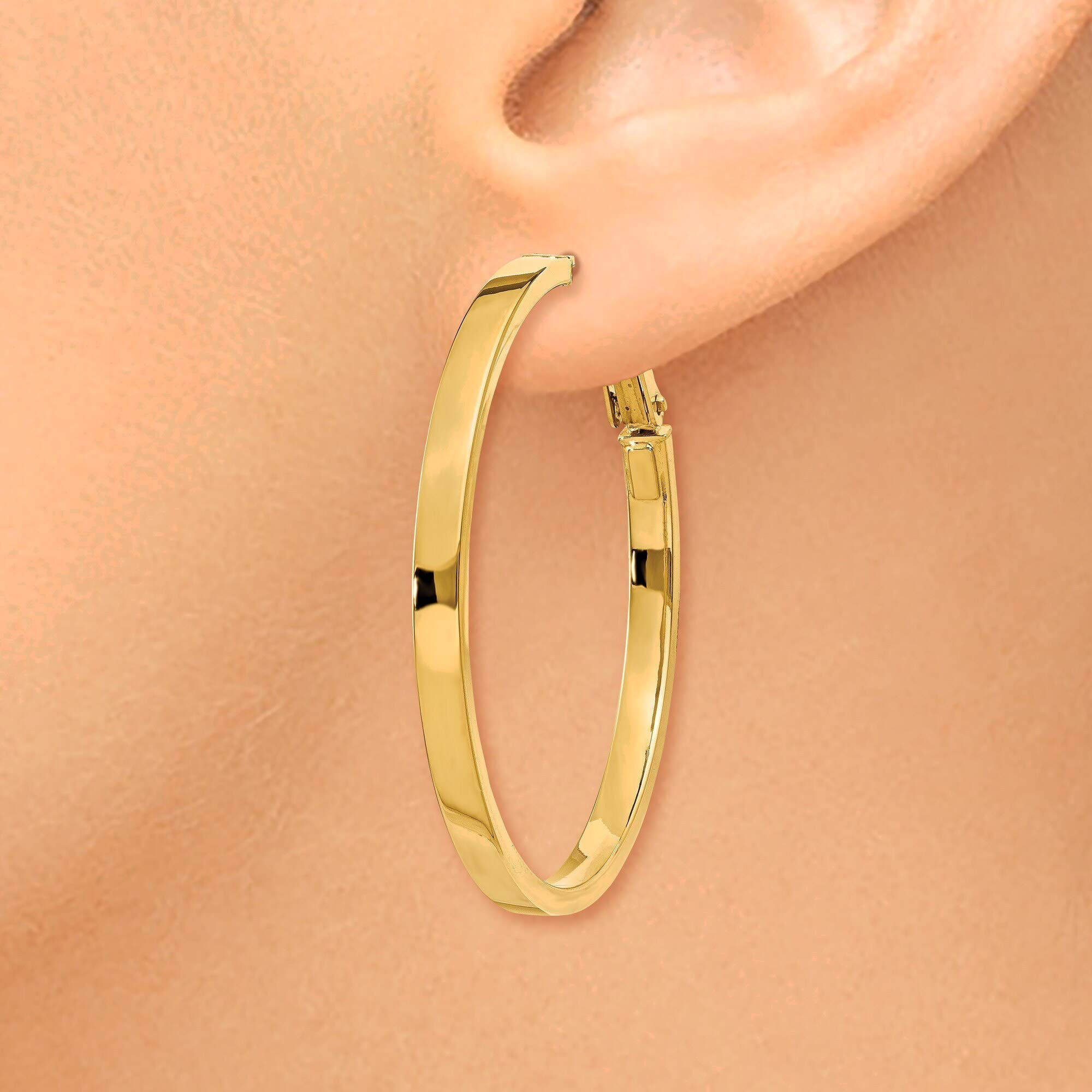 14K Yellow Gold 3x37mm Polished Square Tube Round Hoop Earrings for Women - Elegant Everyday Jewelry, Perfect for Office, Date Night & Special Occasions