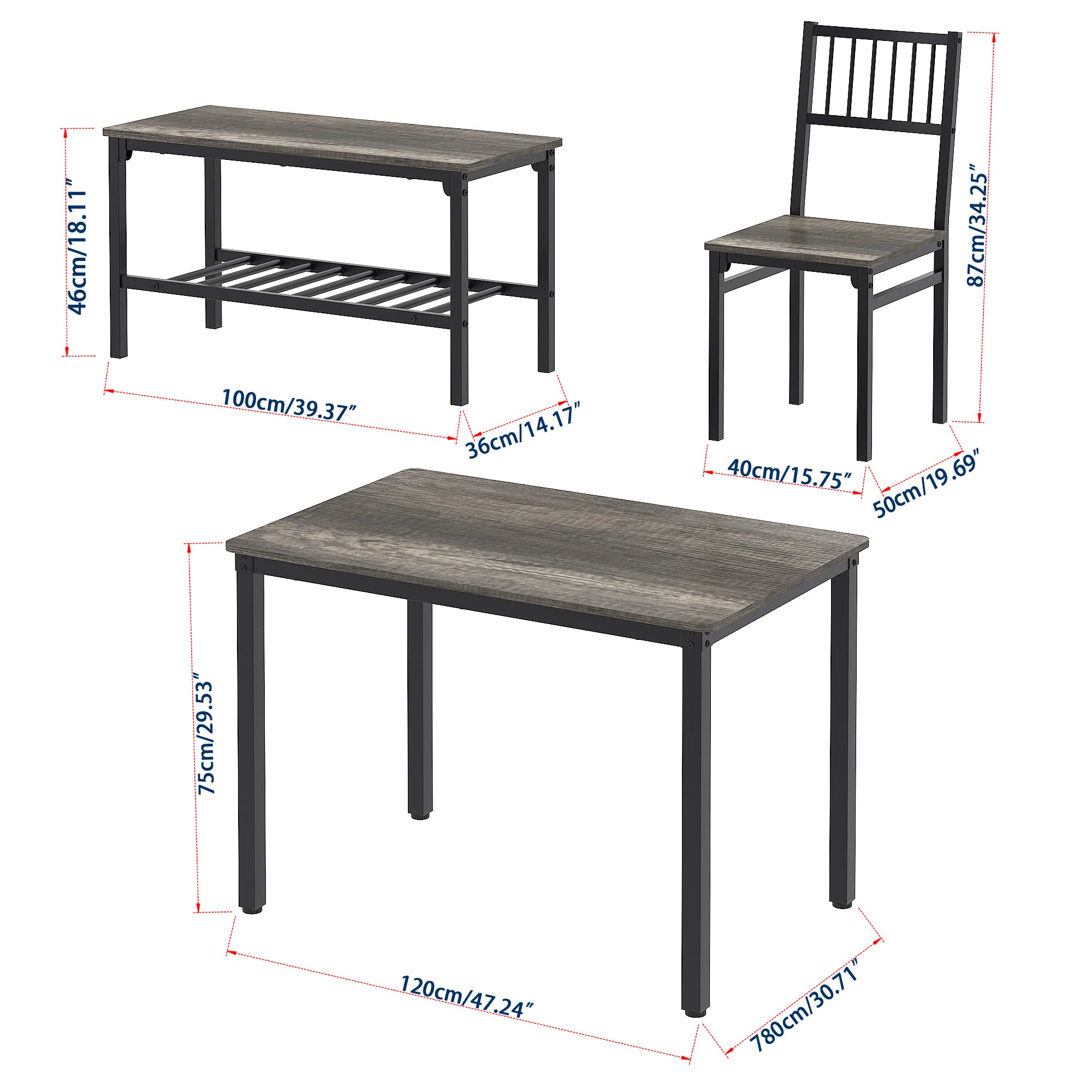 **Teraves 4-Piece Dining Table Set with 2 Chairs & Bench - 120cm Kitchen Table, Computer Desk, Black Oak & Black Frame - Perfect for Small Spaces, Dining Rooms & Home Offices**