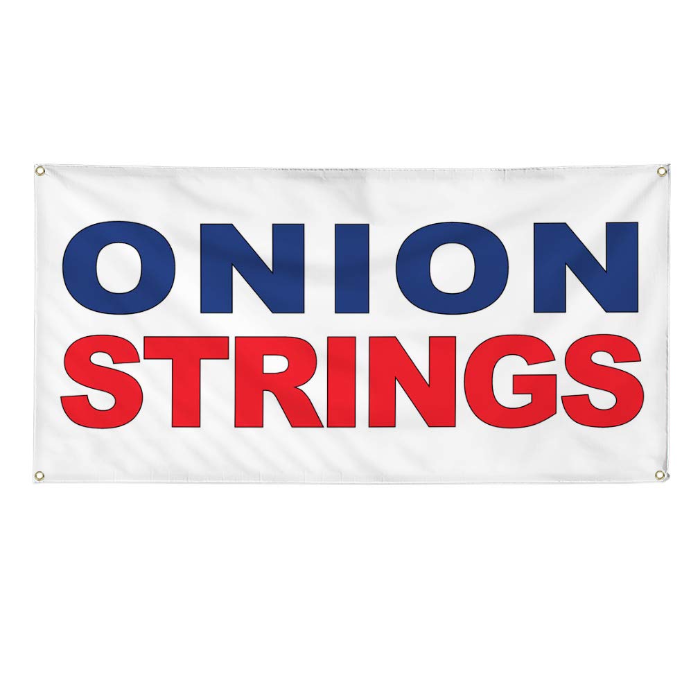 Vinyl Banner - 36x72 Inches, Weatherproof Outdoor Sign with 6 Grommets for Restaurants, Food Trucks & Industrial Use - Blue & Red Onion Strings Design