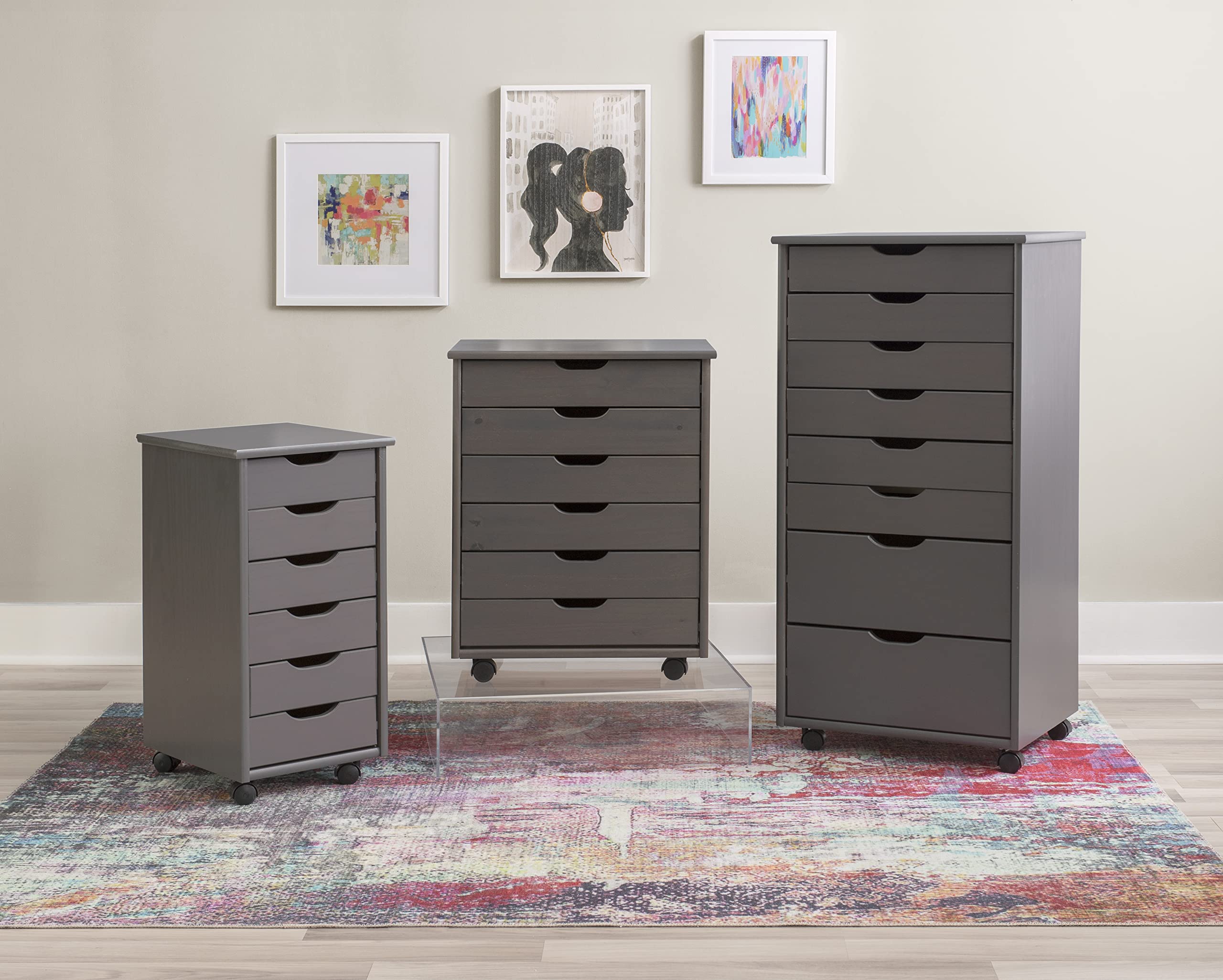 Linon Corinne 8-Drawer Rolling Storage Cart - Grey Organizer for Home, Office & Dorm | Space-Saving Mobile Cabinet for Bedroom, Bathroom & Kitchen Organization