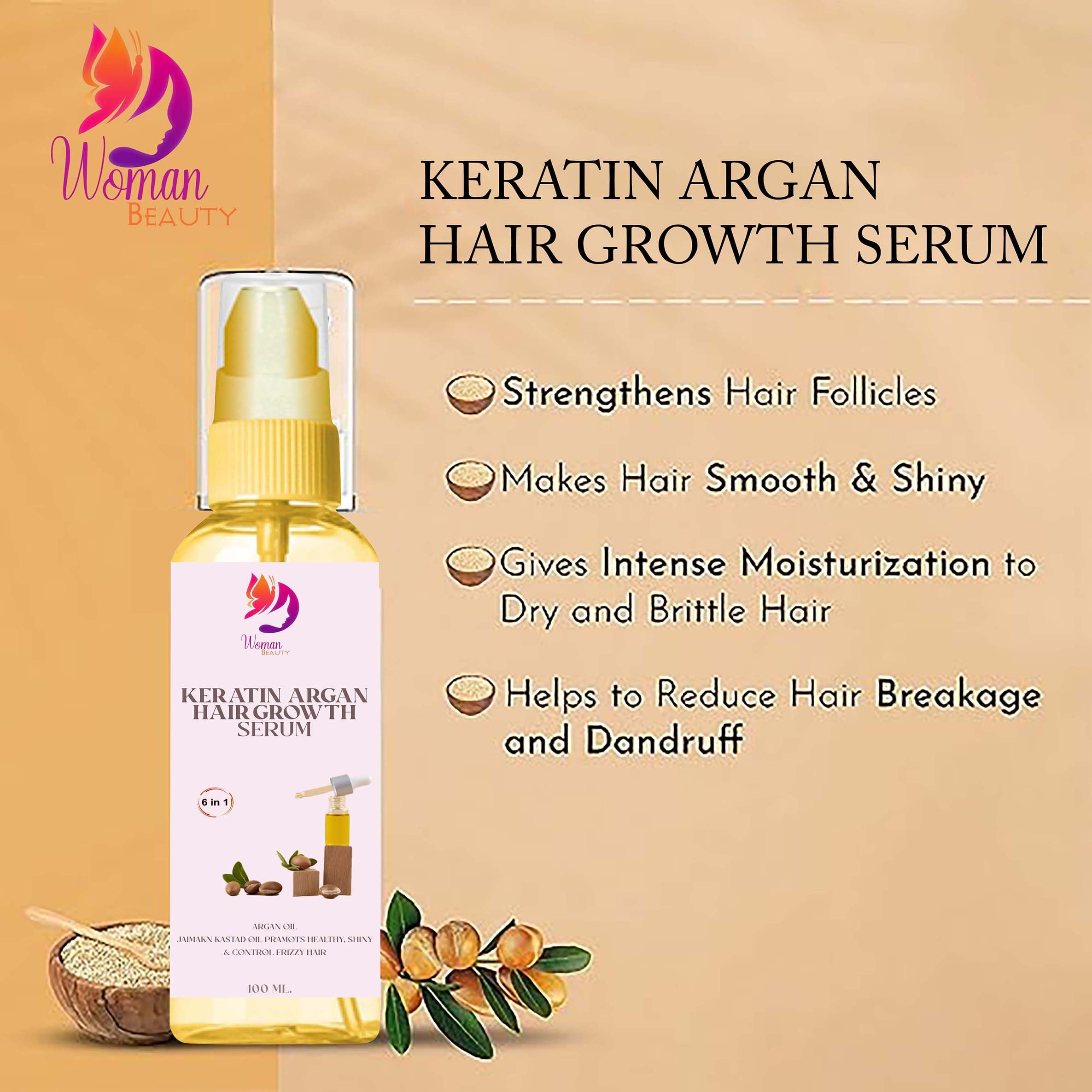 Keratin Argan Hair Growth Serum for Women - Promotes Faster Hair Growth & Strengthens Hair Health | Perfect for Thinning Hair, Dry Scalp & Damaged Hair Repair